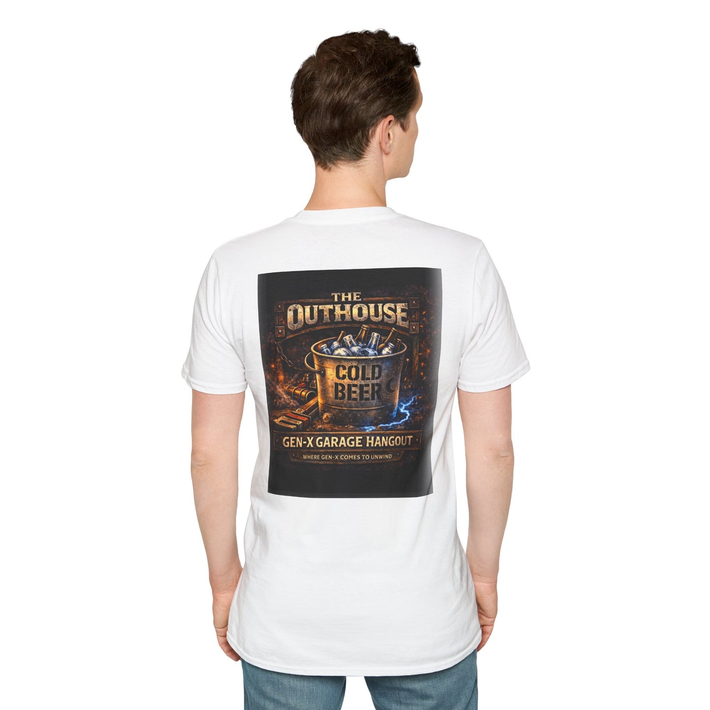The Outhouse Cold Beer T-Shirt — Gen‑X Garage Hangout Graphic Tee