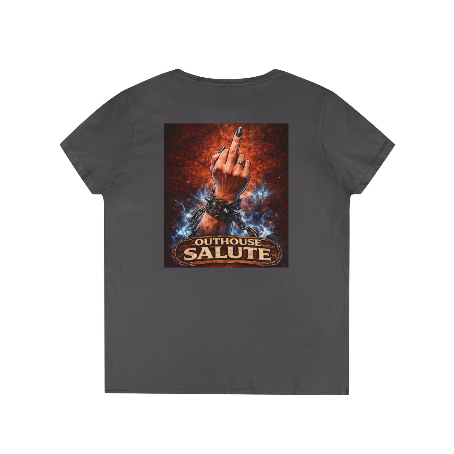 Outhouse Salute V-Neck Tee — Bold Back Graphic Ladies' T-Shirt