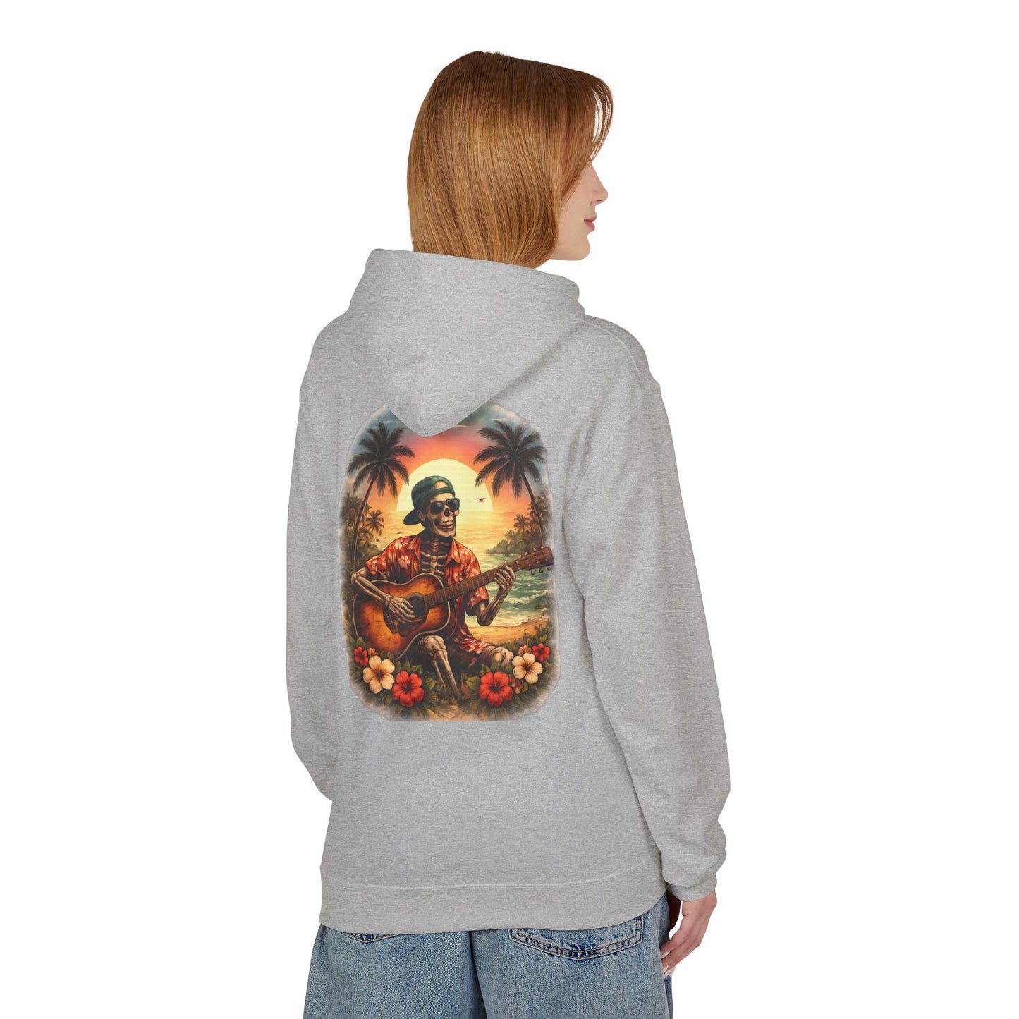 Hawaiian Skeleton Guitar Hoodie — Sunset Palm Vintage Rock Pullover