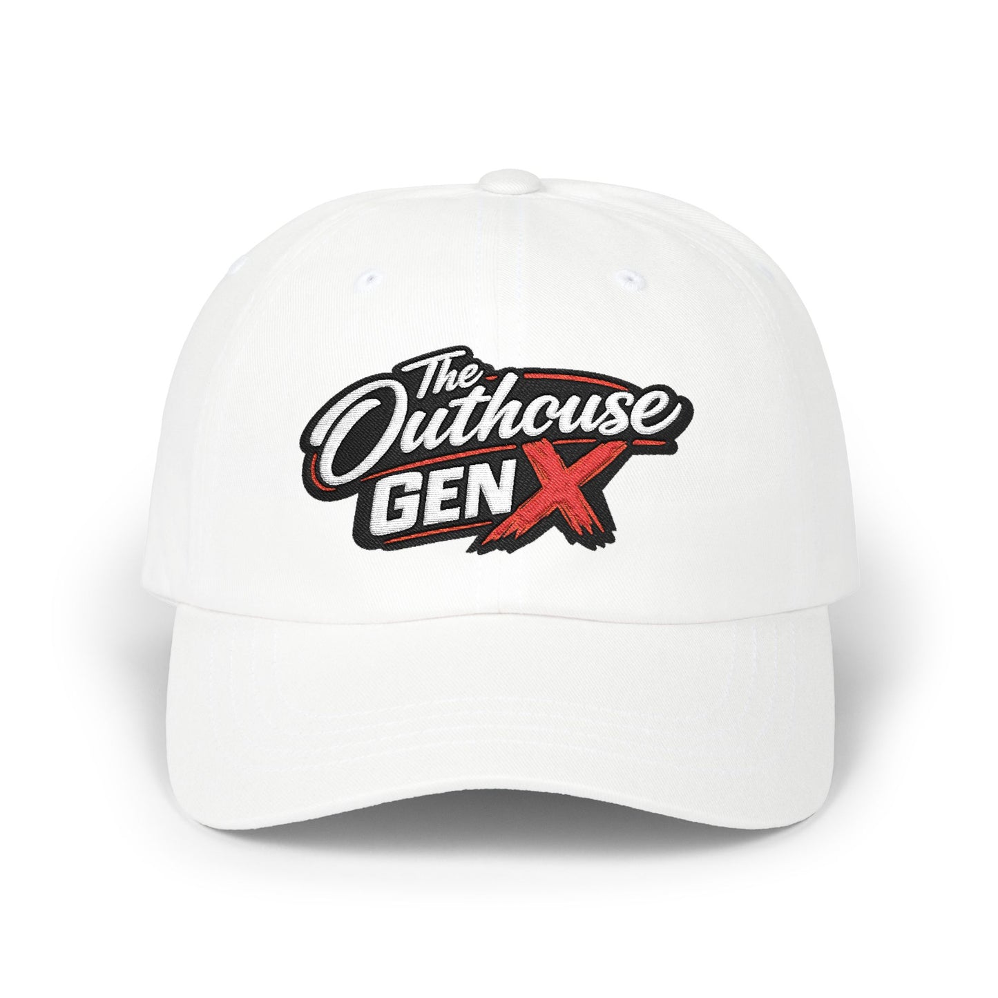 Outhouse Gen‑X Dad Cap — Bold Red X Logo Hat