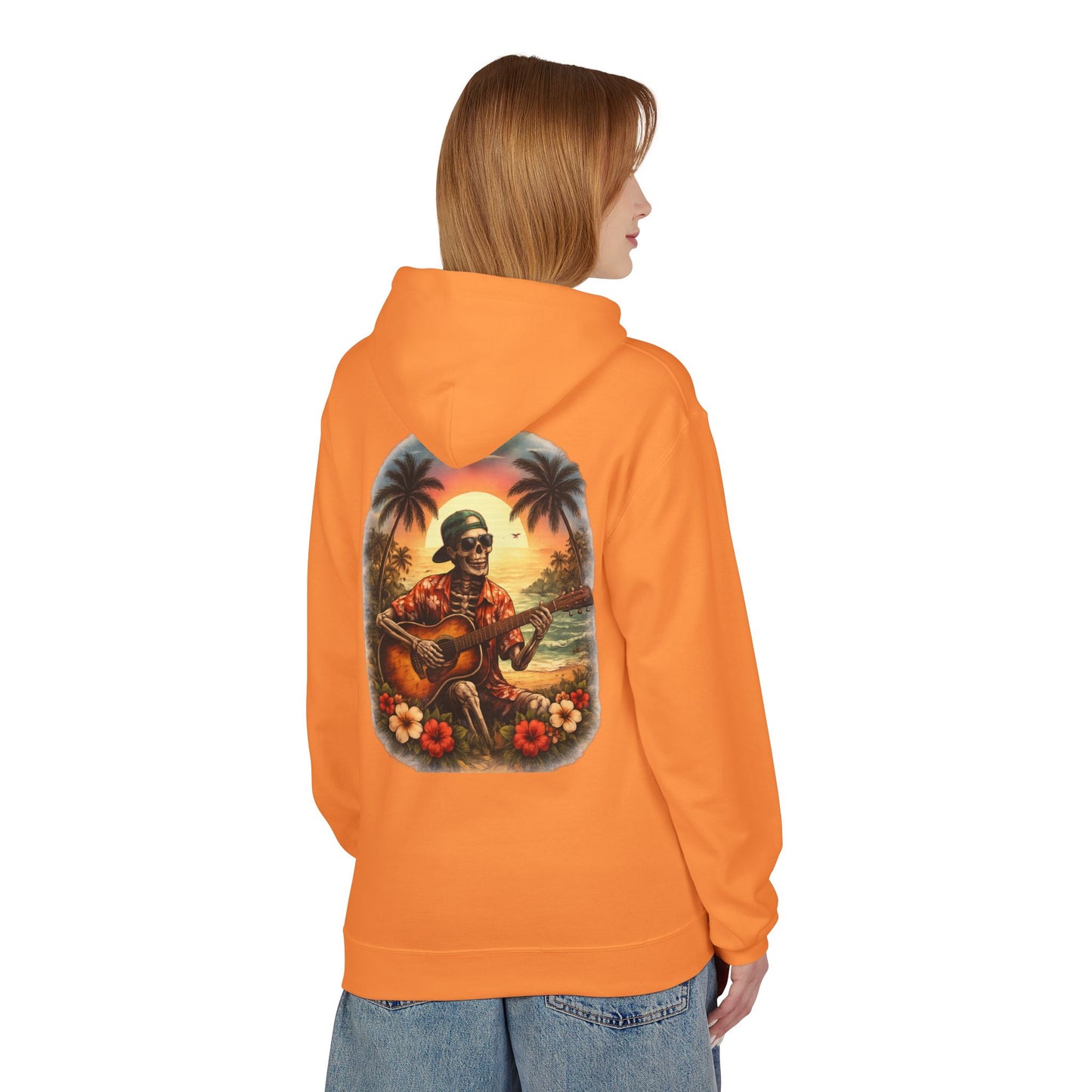 Hawaiian Skeleton Guitar Hoodie — Sunset Palm Vintage Rock Pullover