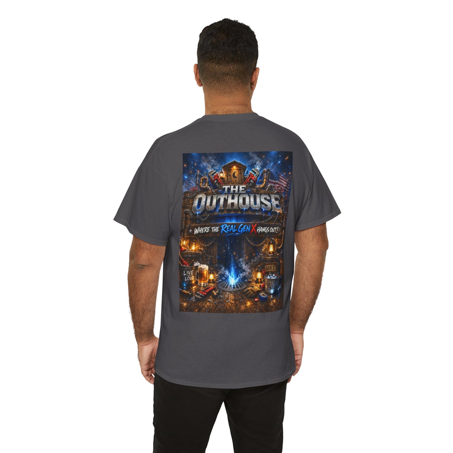 The Outhouse Gen X Tee — Retro Campfire Nostalgia Graphic T-Shirt