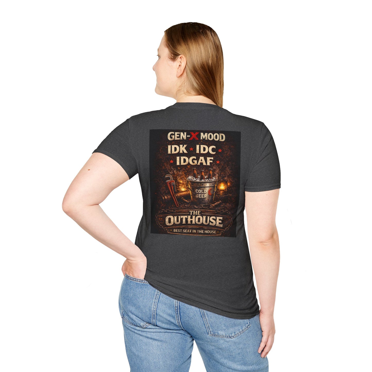 Outhouse Gen-X T-Shirt — "Gen-X Mood: IDK • IDC • IDGAF" Retro Beer Graphic