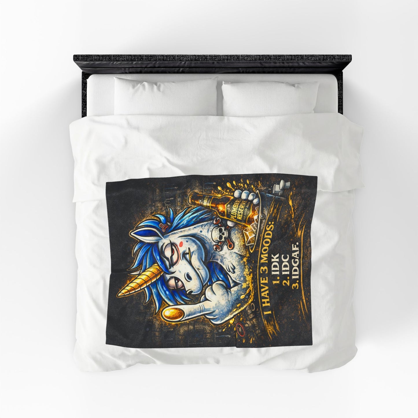 Velveteen Plush Blanket — Funny Unicorn ‘I Have 3 Moods: IDK, IDC, IDGAF’ Throw