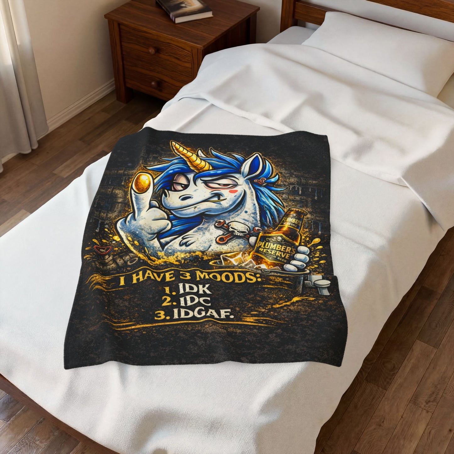 Velveteen Plush Blanket — Funny Unicorn ‘I Have 3 Moods: IDK, IDC, IDGAF’ Throw
