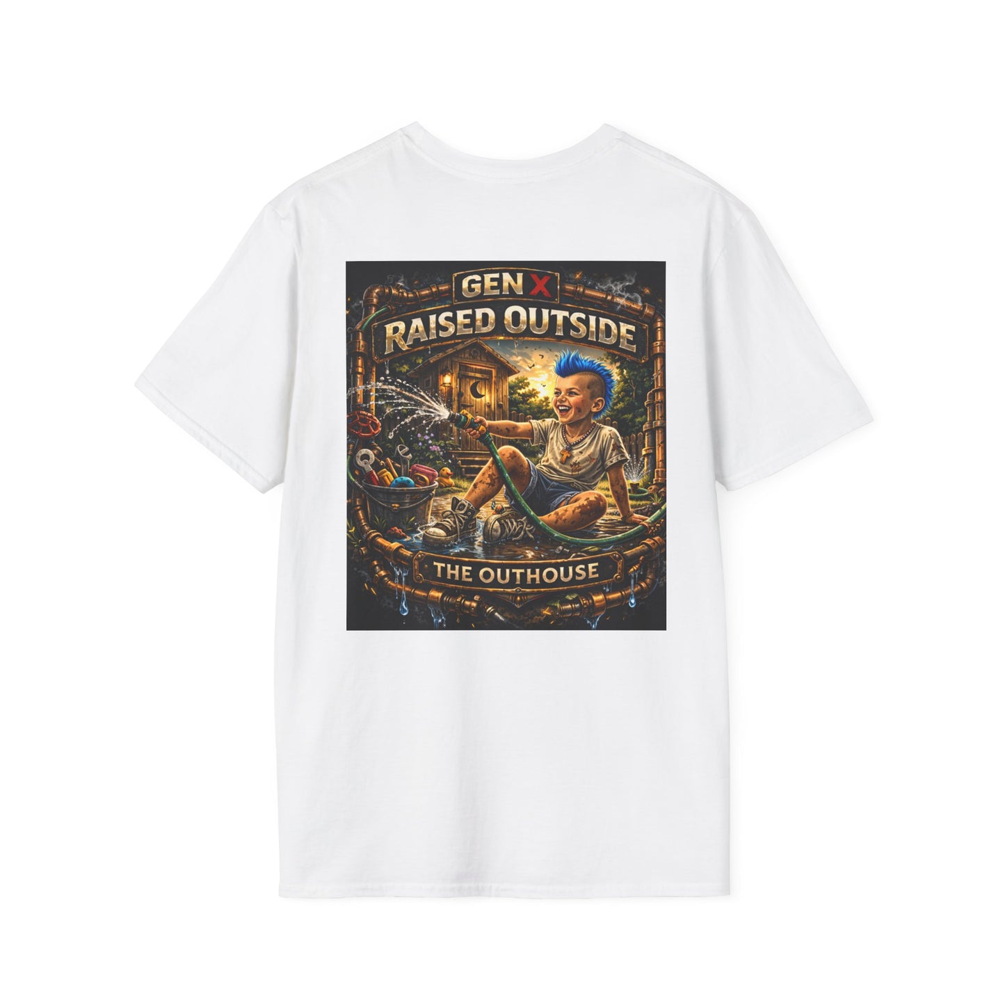 Raised Outside Outhouse Tee — Gen X Retro Outdoor Humor T-Shirt