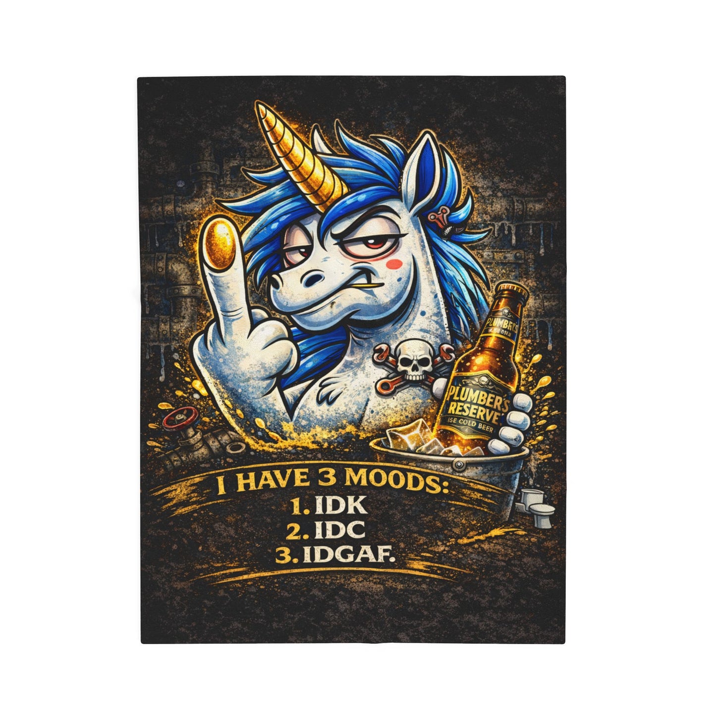 Velveteen Plush Blanket — Funny Unicorn ‘I Have 3 Moods: IDK, IDC, IDGAF’ Throw