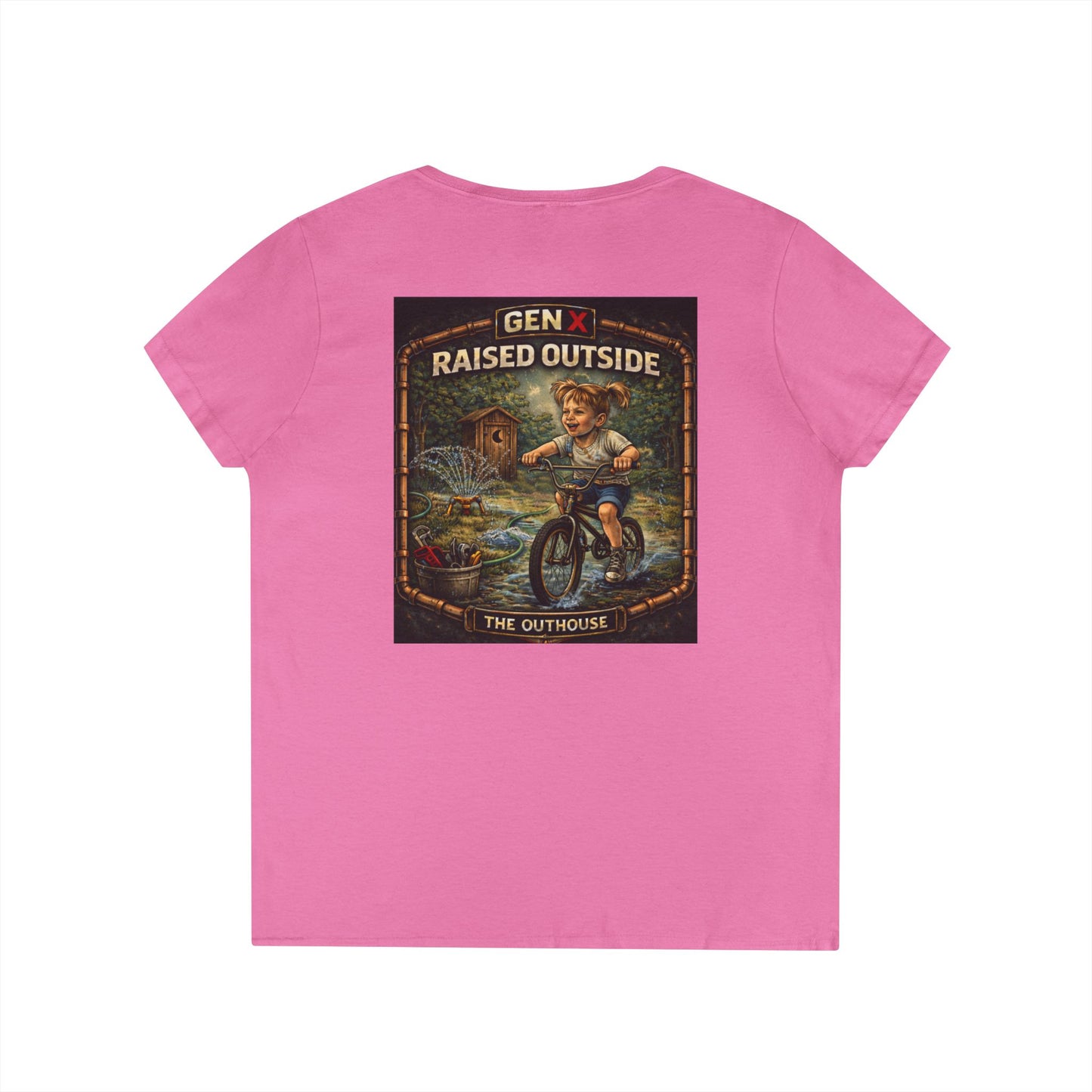 Gen X Raised Outside V‑Neck Tee — "Raised Outside" Retro Bike Graphic