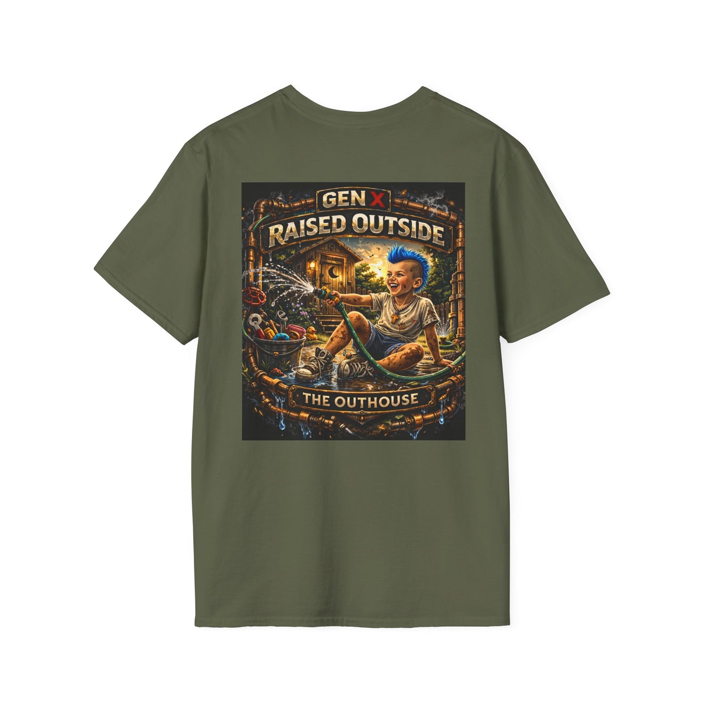 Raised Outside Outhouse Tee — Gen X Retro Outdoor Humor T-Shirt