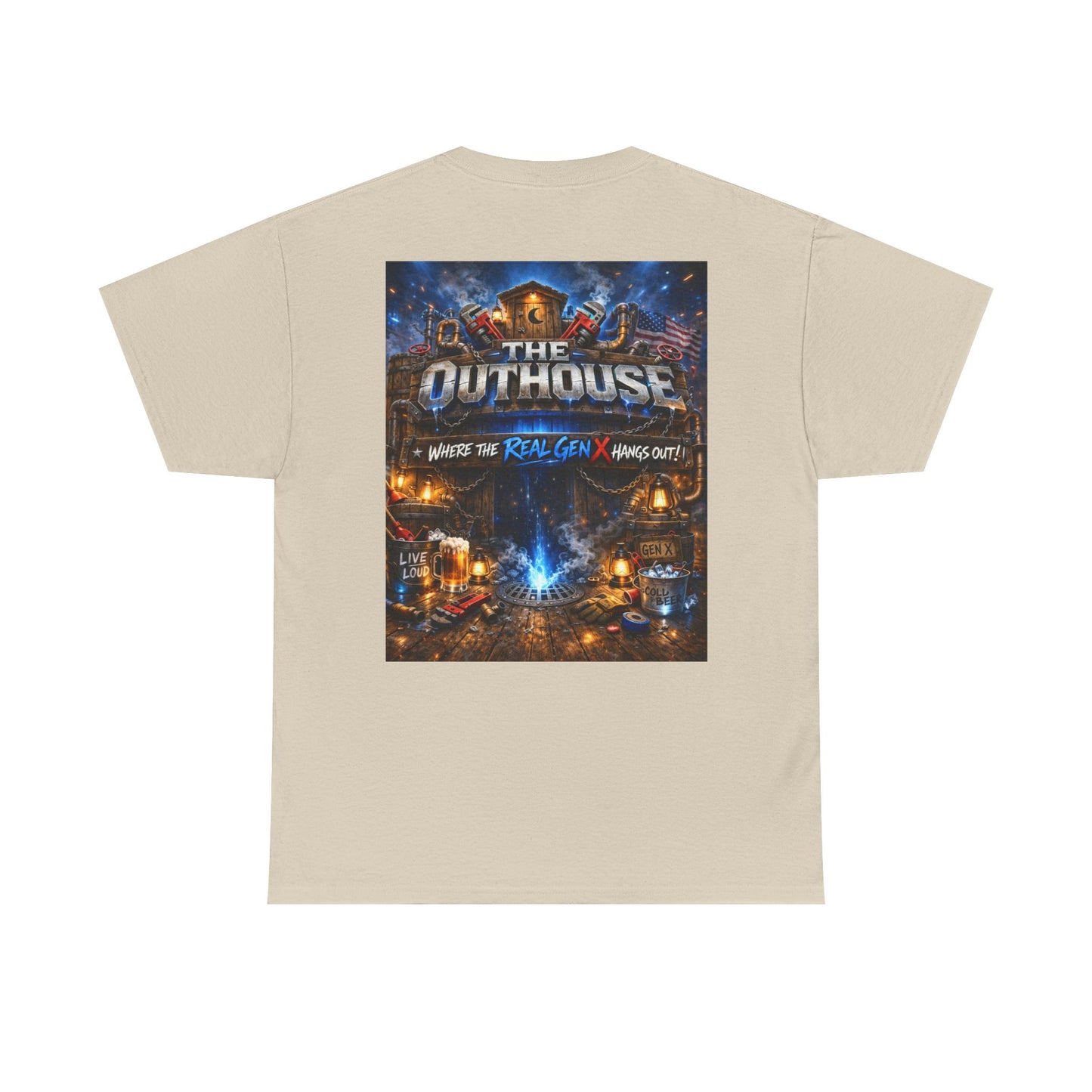 The Outhouse Gen X Tee — Retro Campfire Nostalgia Graphic T-Shirt