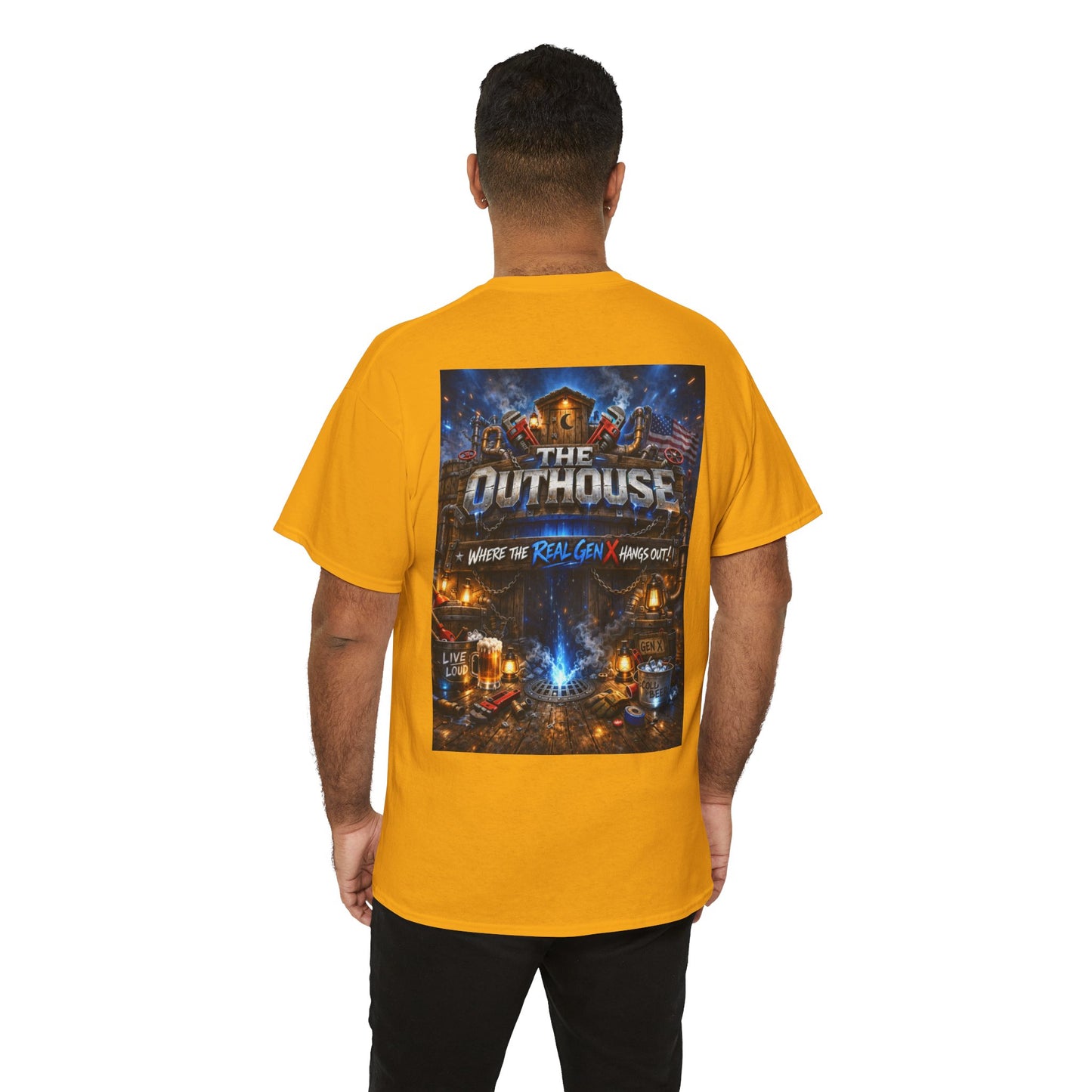 The Outhouse Gen X Tee — Retro Campfire Nostalgia Graphic T-Shirt
