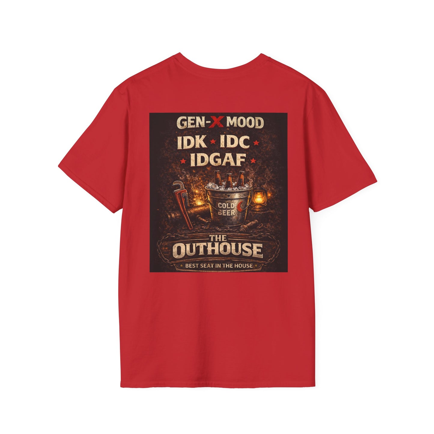 Outhouse Gen-X T-Shirt — "Gen-X Mood: IDK • IDC • IDGAF" Retro Beer Graphic