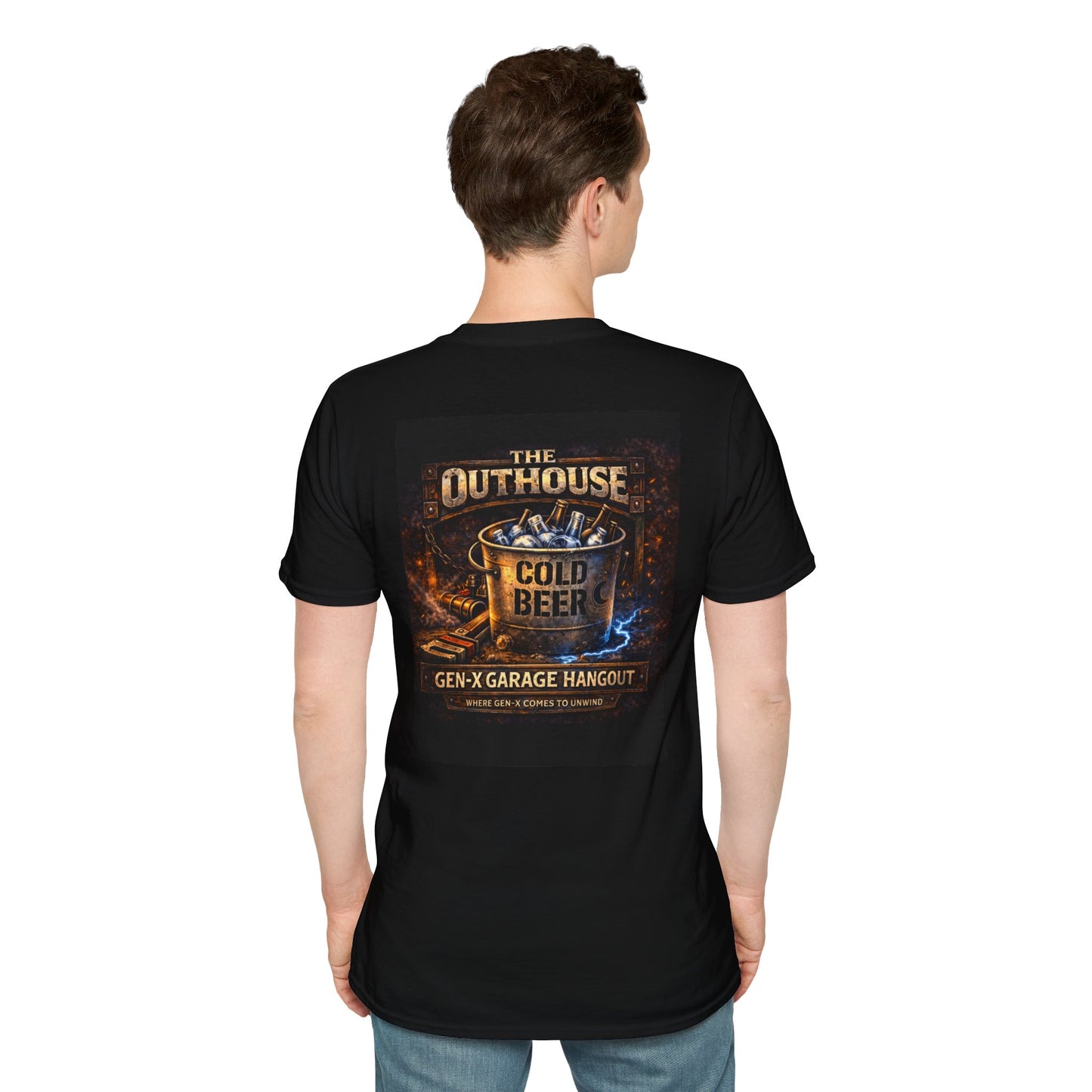 The Outhouse Cold Beer T-Shirt — Gen‑X Garage Hangout Graphic Tee
