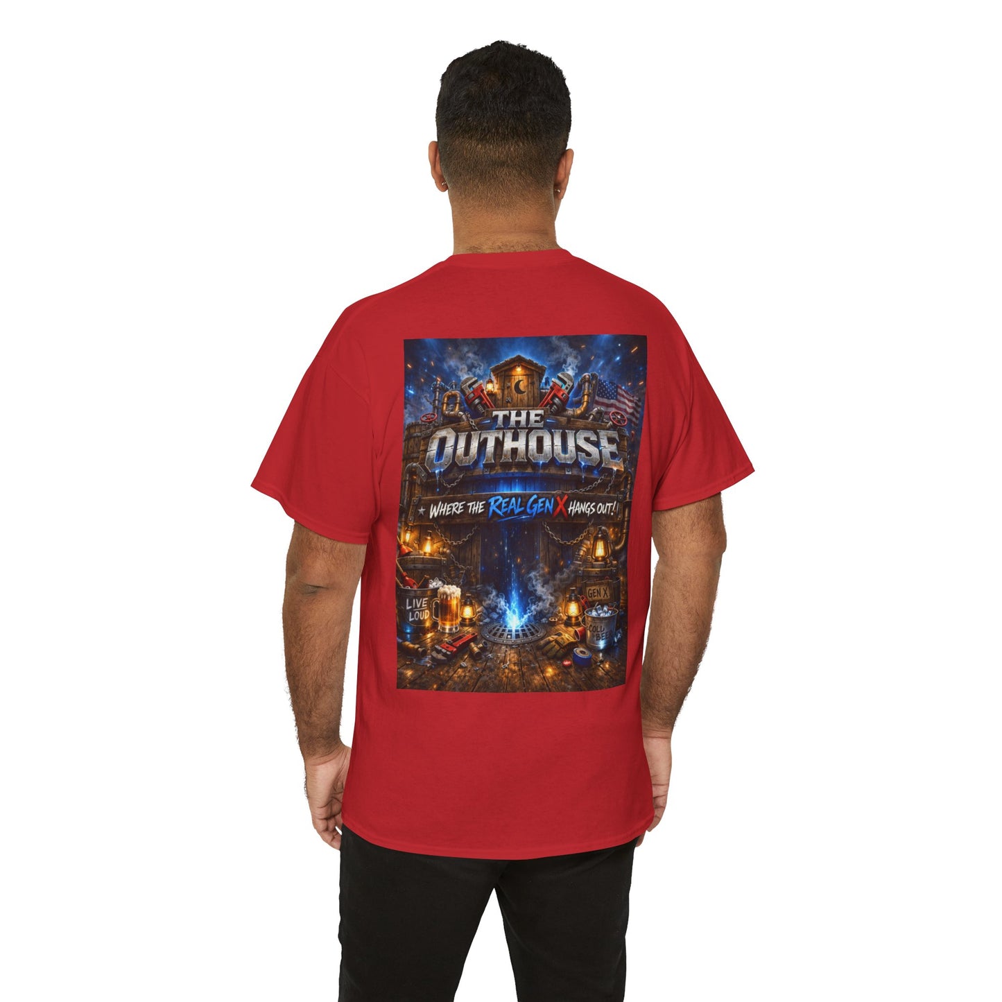 The Outhouse Gen X Tee — Retro Campfire Nostalgia Graphic T-Shirt
