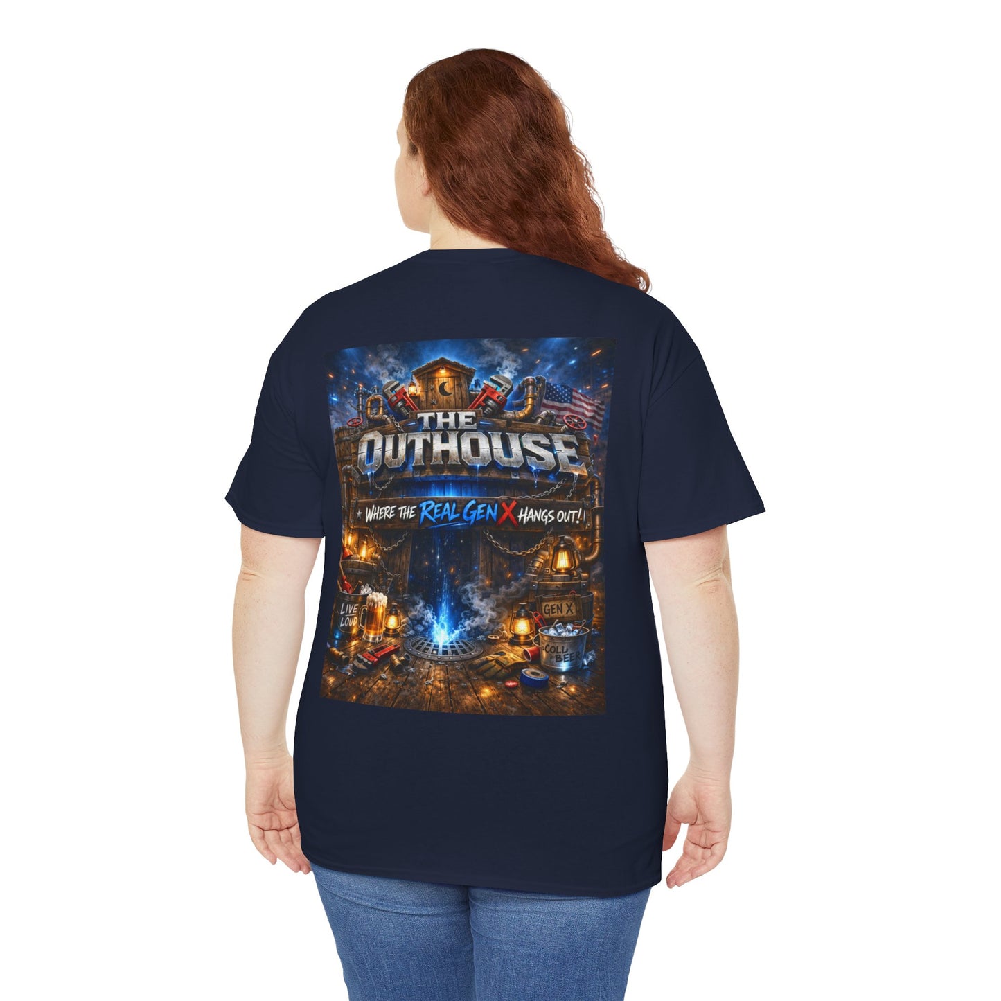 The Outhouse Gen X Tee — Retro Campfire Nostalgia Graphic T-Shirt
