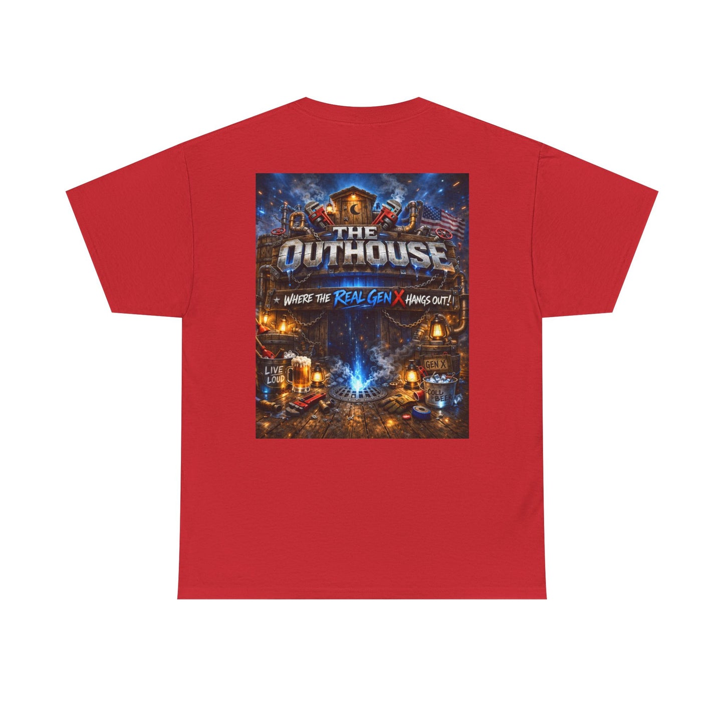 The Outhouse Gen X Tee — Retro Campfire Nostalgia Graphic T-Shirt