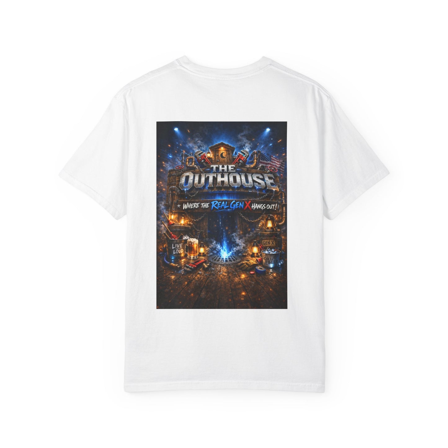 Outhouse Gen X Graphic T-Shirt — Vintage Campfire Adventure Back Print