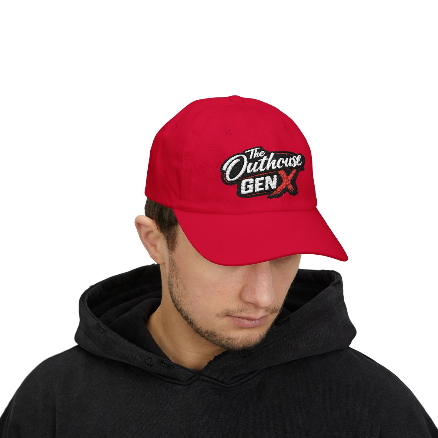 Outhouse Gen‑X Dad Cap — Bold Red X Logo Hat