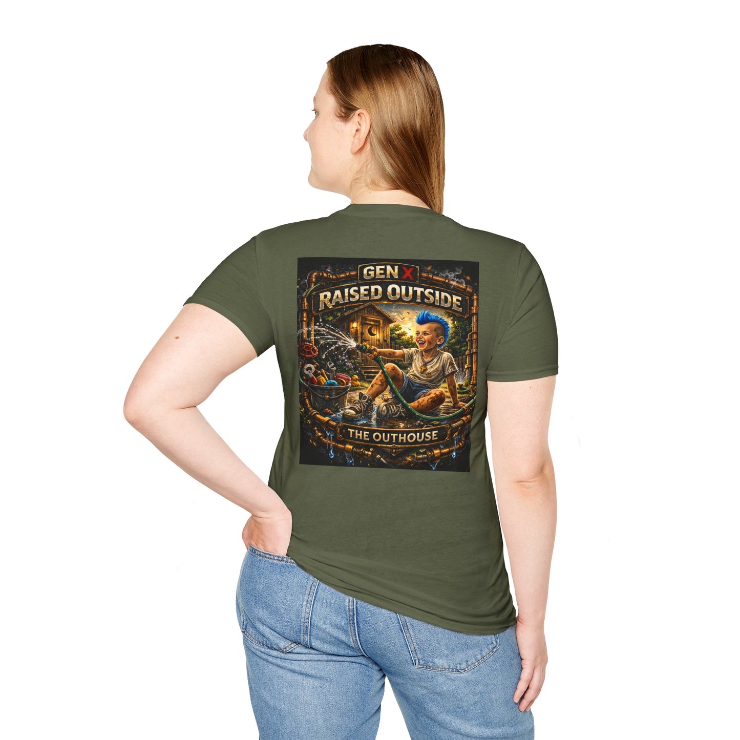 Raised Outside Outhouse Tee — Gen X Retro Outdoor Humor T-Shirt