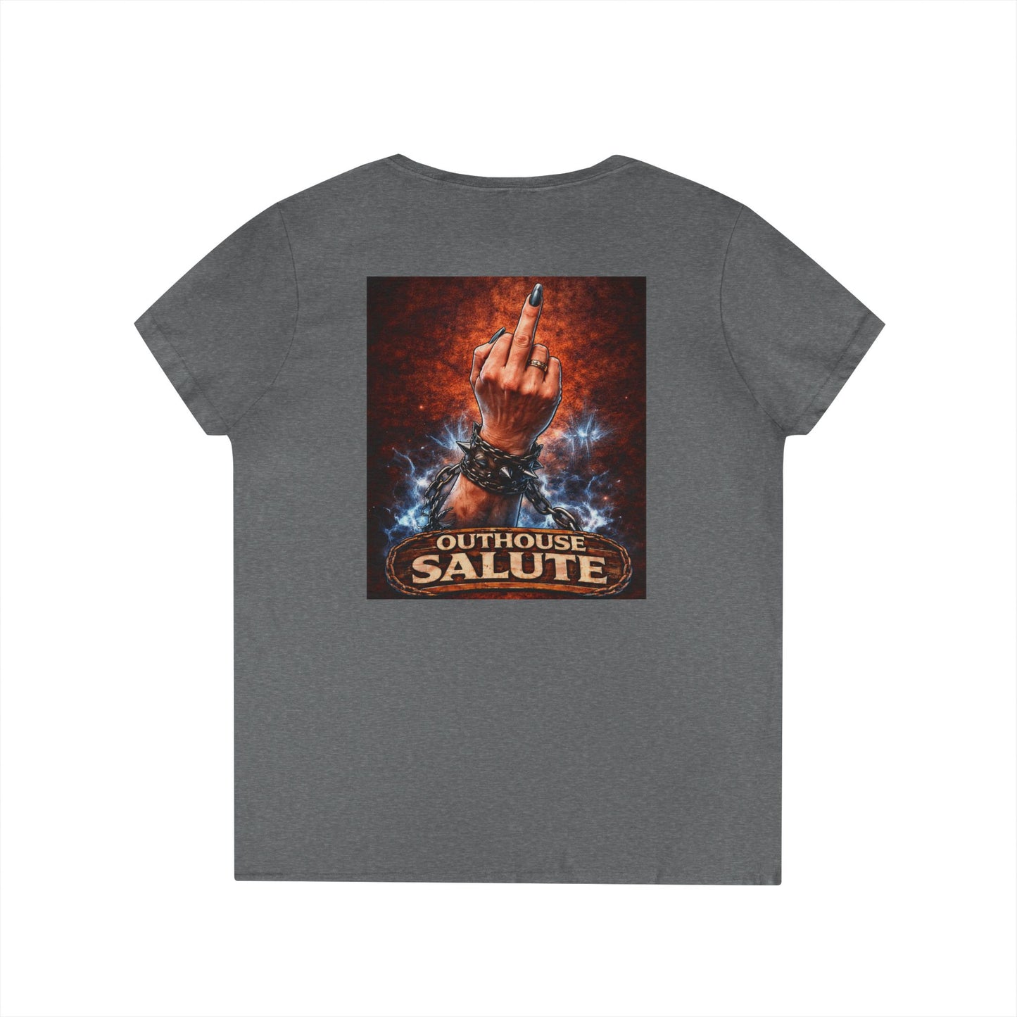 Outhouse Salute V-Neck Tee — Bold Back Graphic Ladies' T-Shirt