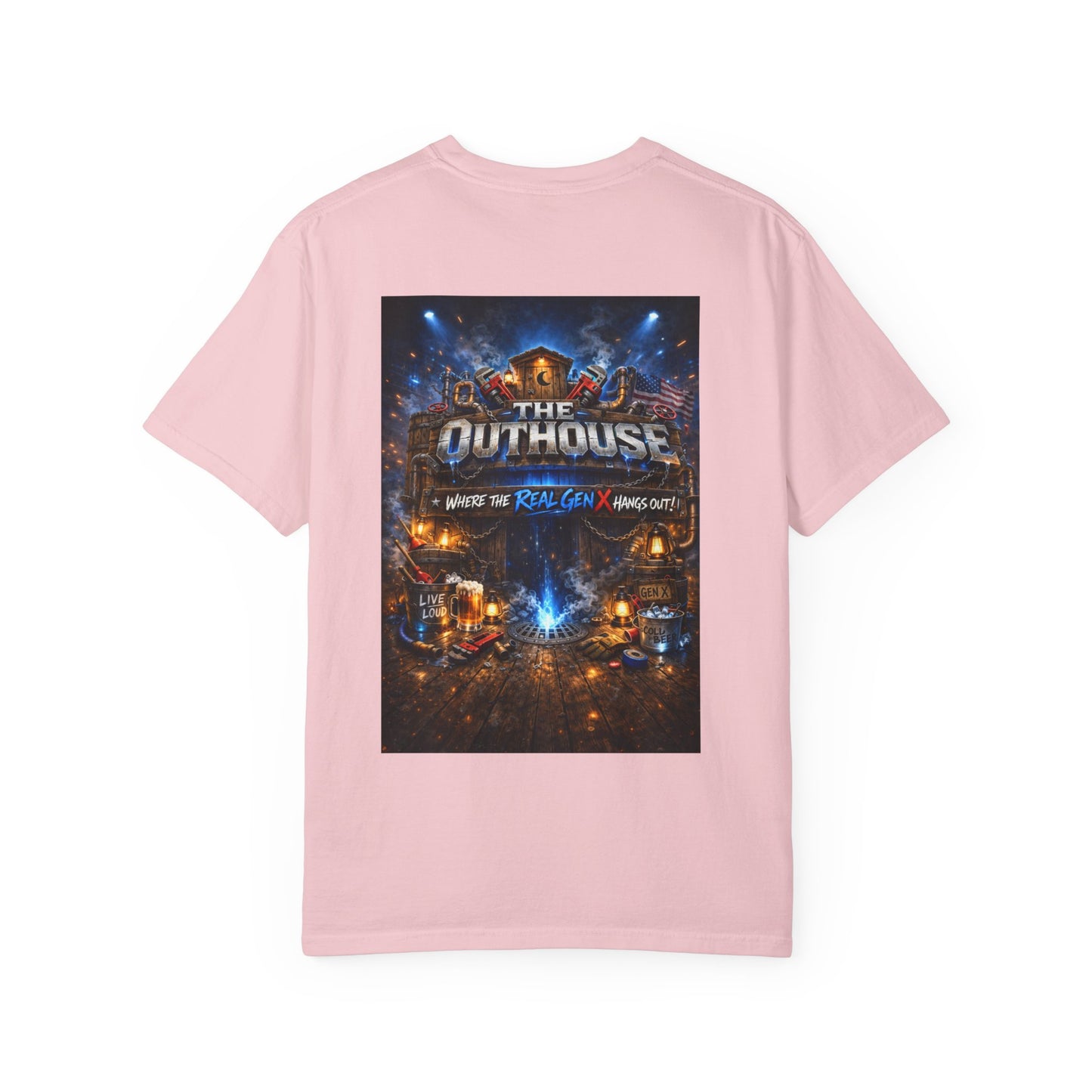 Outhouse Gen X Graphic T-Shirt — Vintage Campfire Adventure Back Print