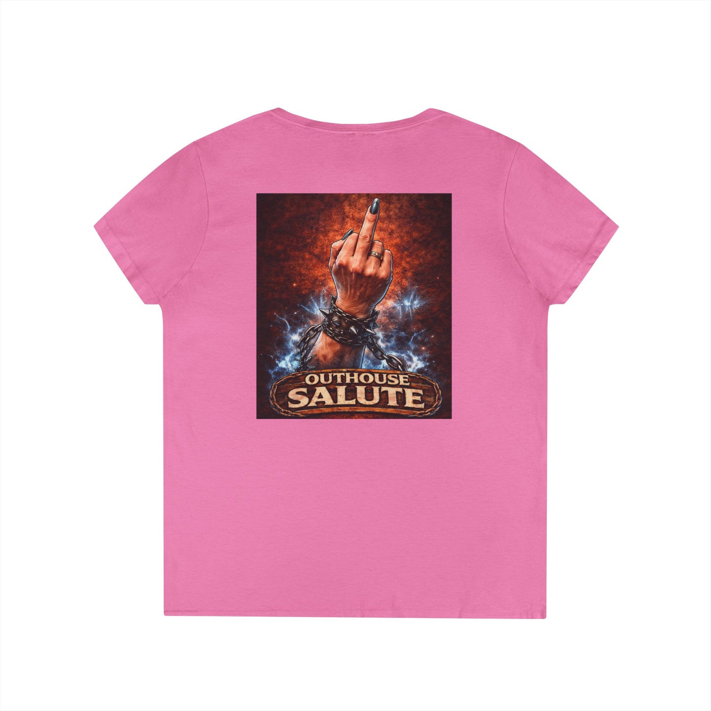 Outhouse Salute V-Neck Tee — Bold Back Graphic Ladies' T-Shirt