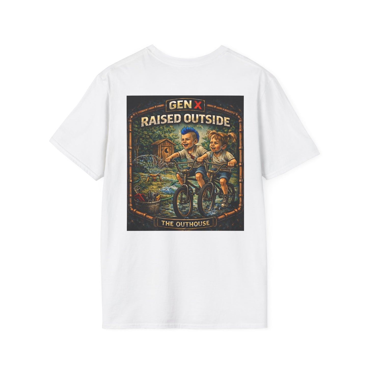 Gen X "Raised Outside" T-Shirt — Retro Outhouse Vintage Graphic Tee