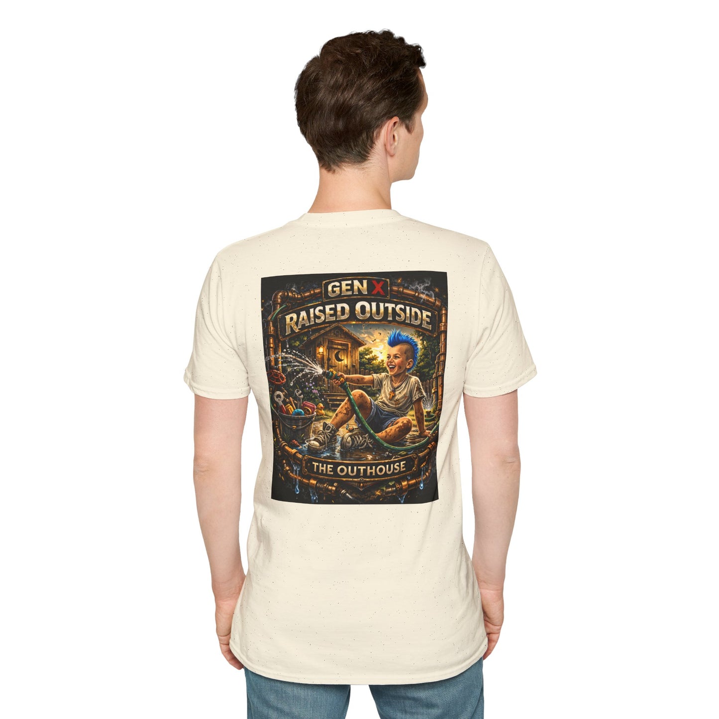 Raised Outside Outhouse Tee — Gen X Retro Outdoor Humor T-Shirt