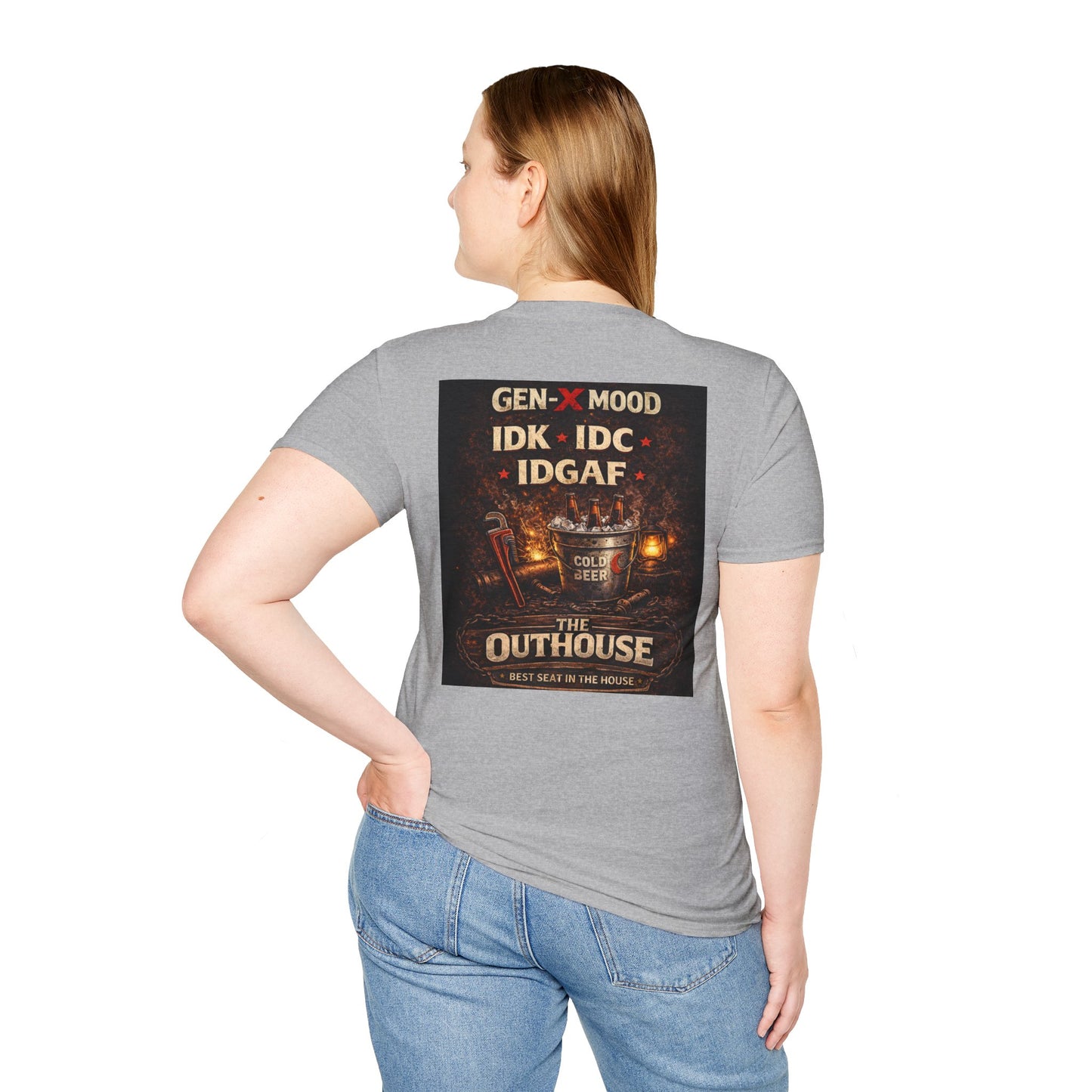 Outhouse Gen-X T-Shirt — "Gen-X Mood: IDK • IDC • IDGAF" Retro Beer Graphic