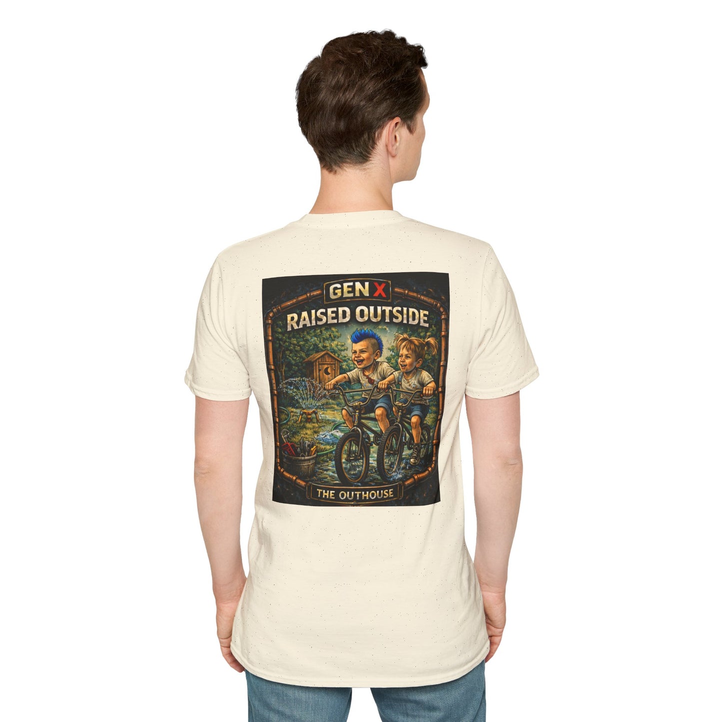 Gen X "Raised Outside" T-Shirt — Retro Outhouse Vintage Graphic Tee