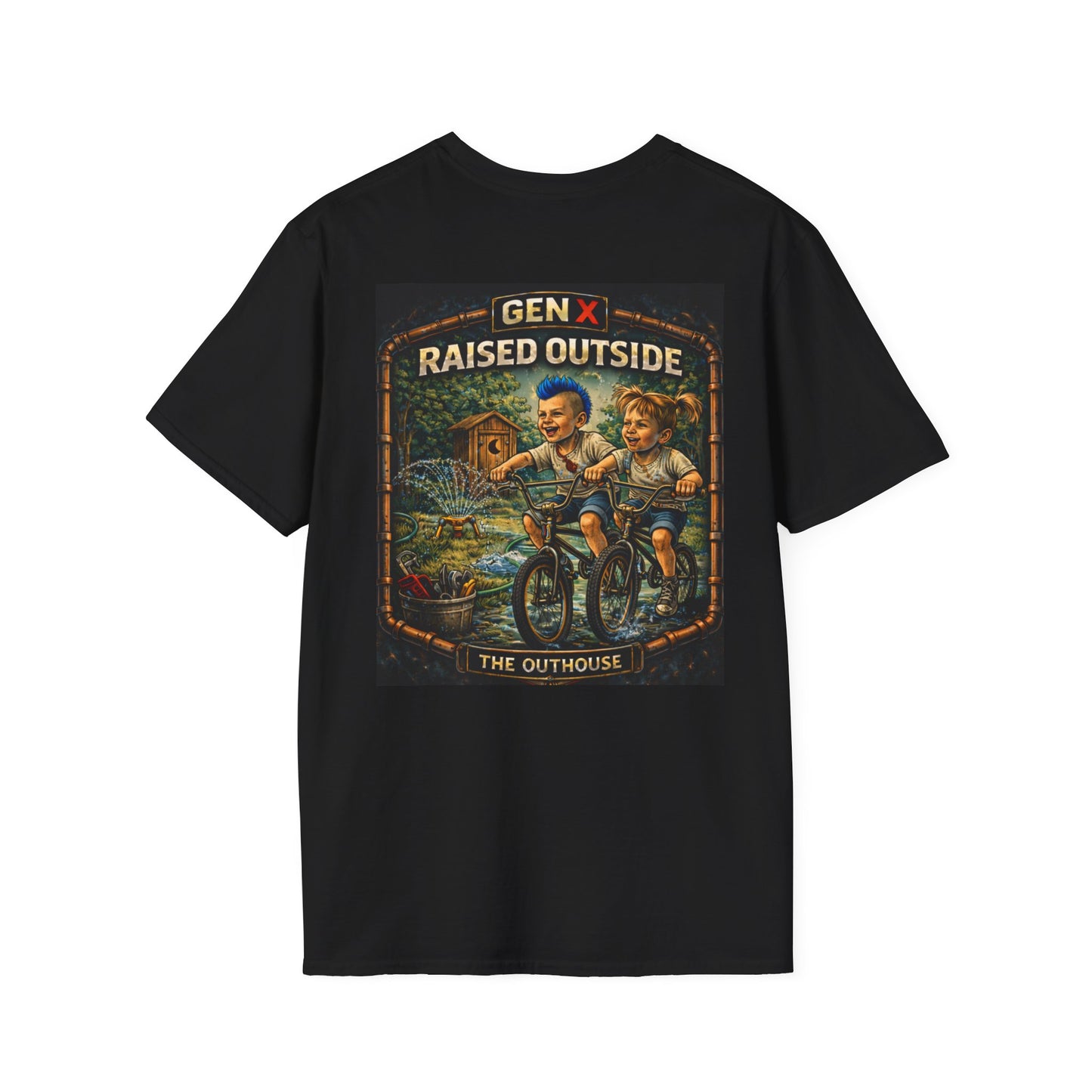 Gen X "Raised Outside" T-Shirt — Retro Outhouse Vintage Graphic Tee