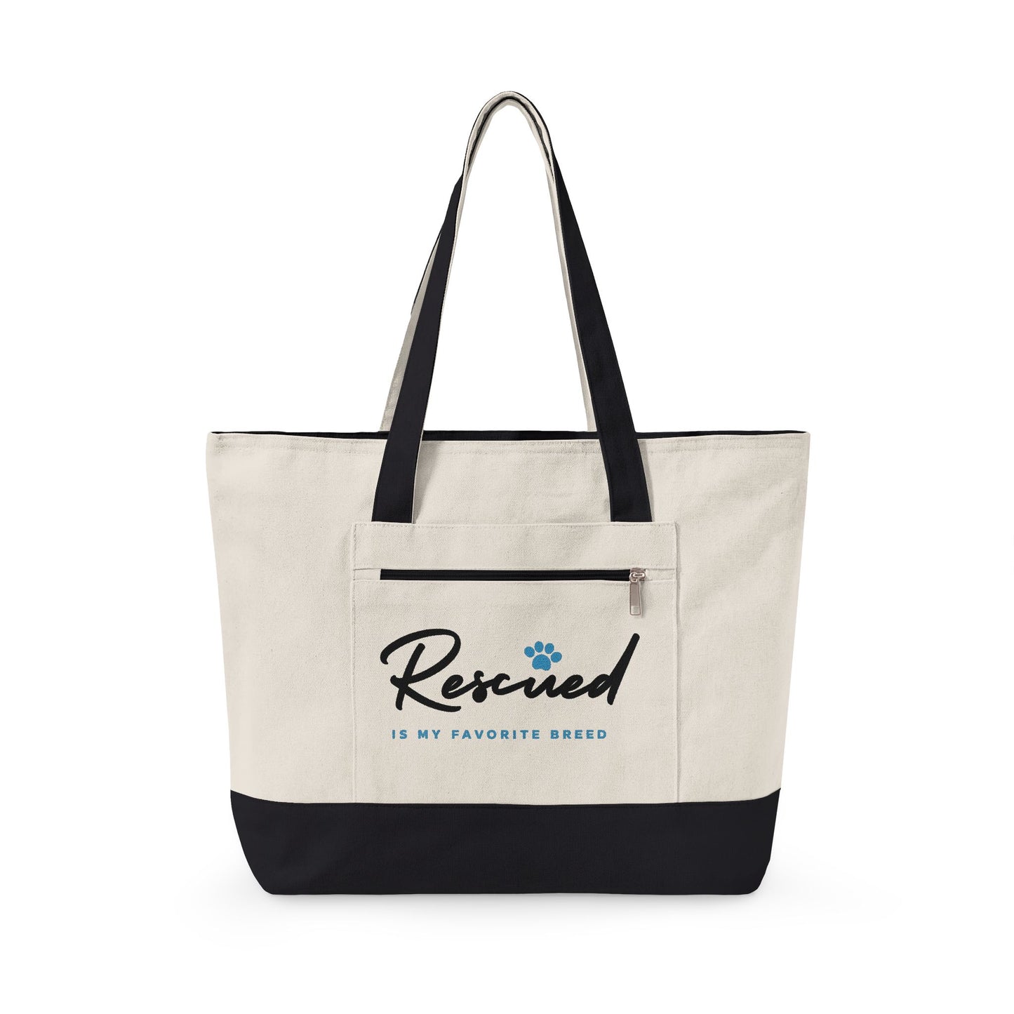 Canvas Tote Bag – "Rescued is My Favorite Breed" Zippered Reusable Shopper