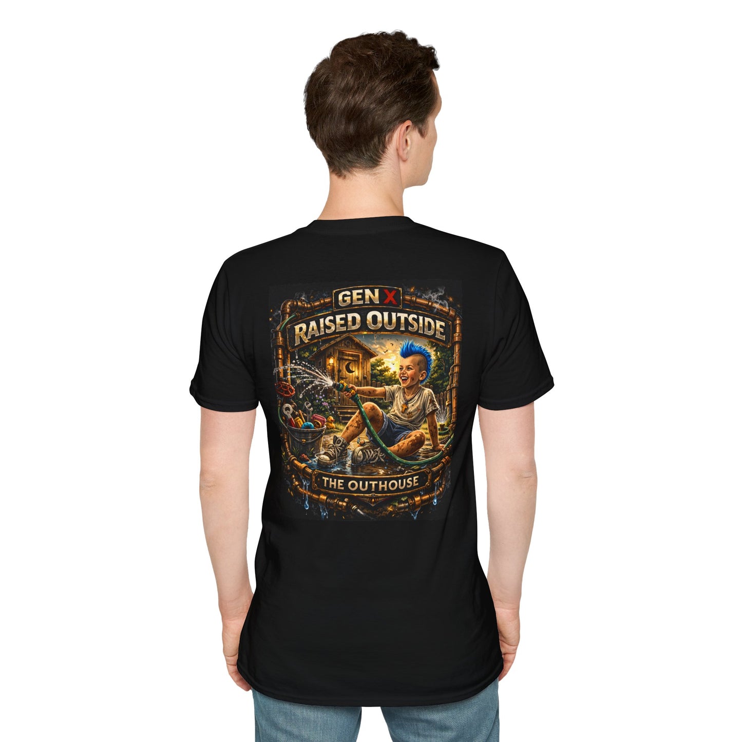 Raised Outside Outhouse Tee — Gen X Retro Outdoor Humor T-Shirt
