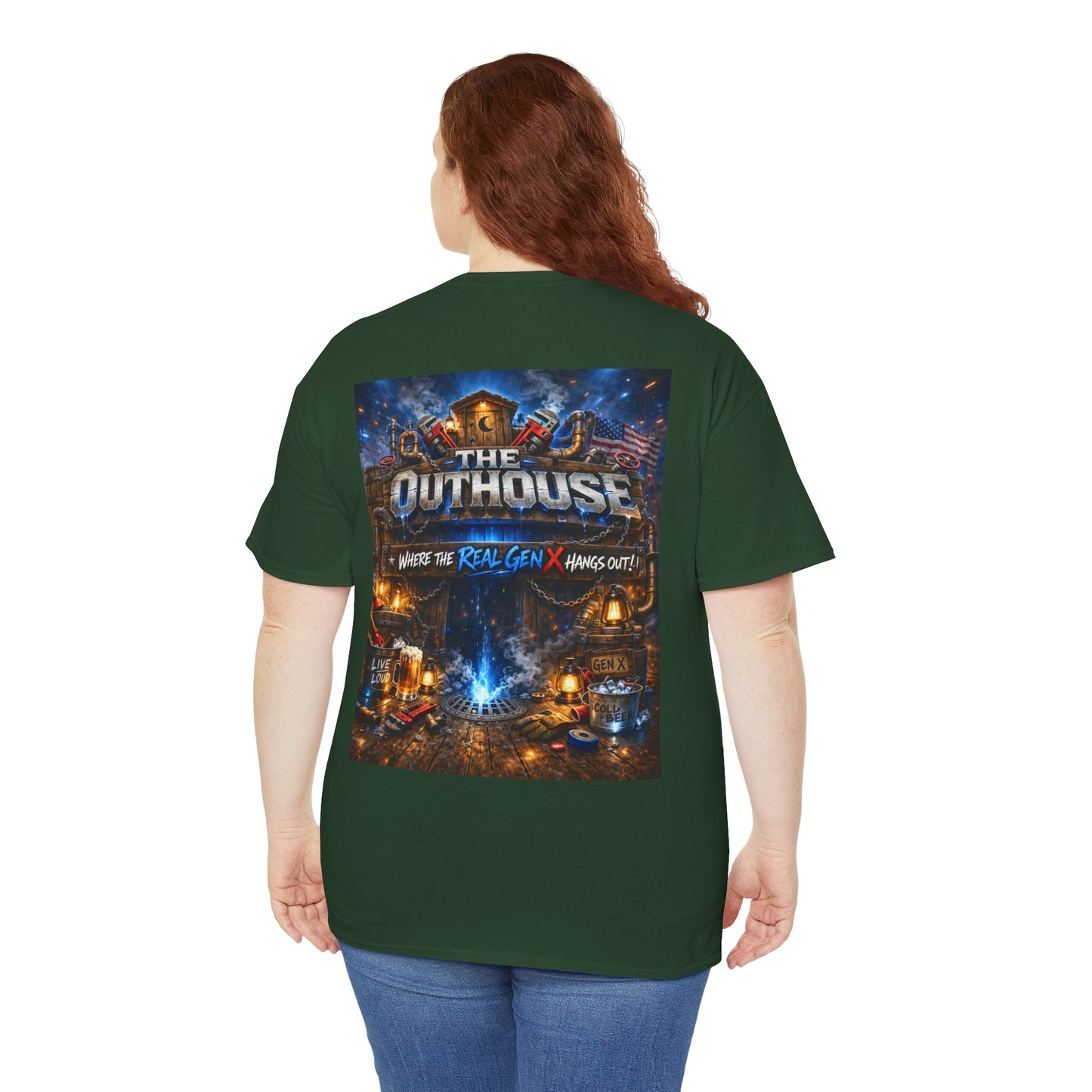 The Outhouse Gen X Tee — Retro Campfire Nostalgia Graphic T-Shirt