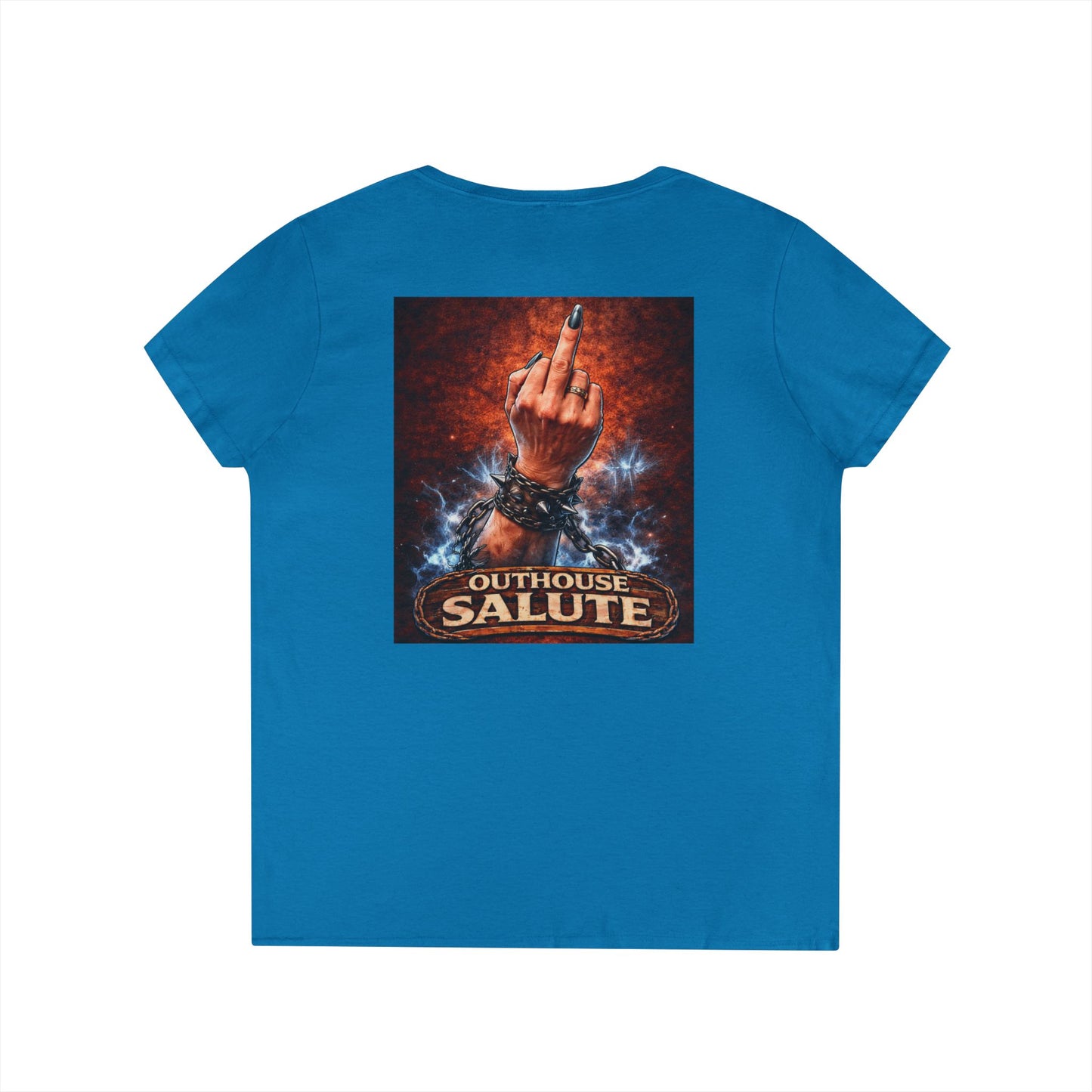 Outhouse Salute V-Neck Tee — Bold Back Graphic Ladies' T-Shirt