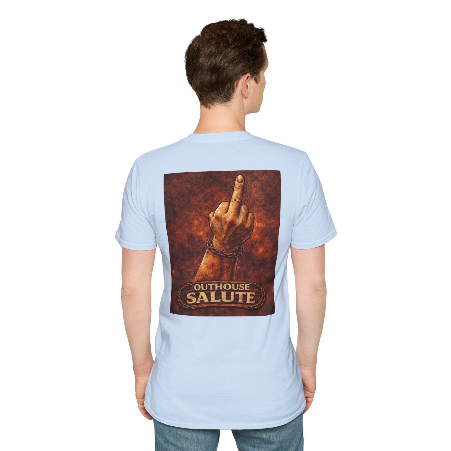 Outhouse Salute T-Shirt — Rustic Hand Gesture Graphic Tee