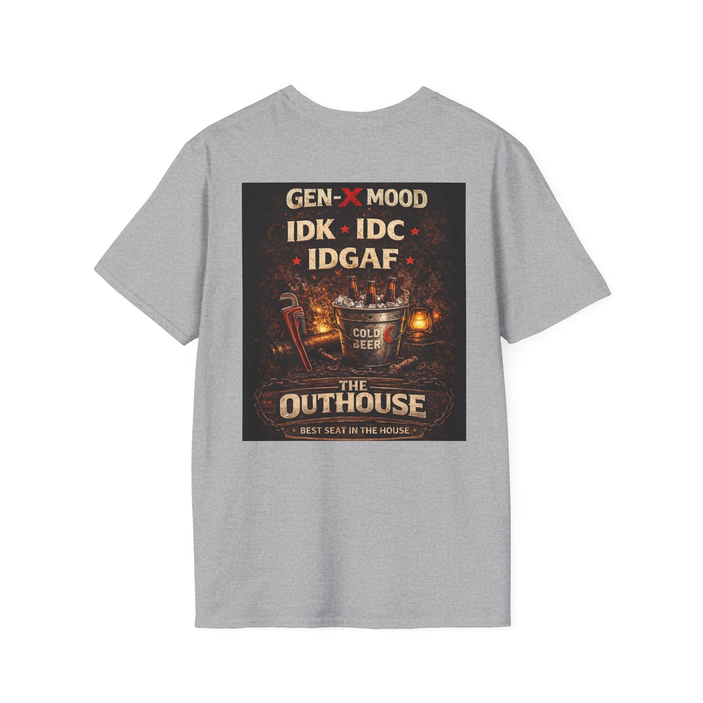 Outhouse Gen-X T-Shirt — "Gen-X Mood: IDK • IDC • IDGAF" Retro Beer Graphic