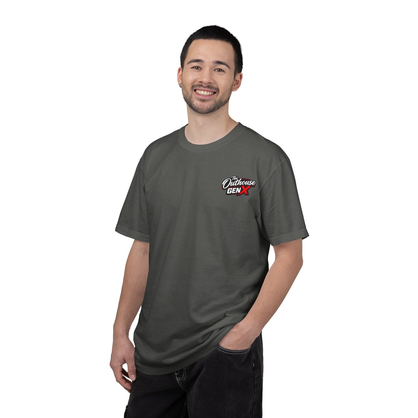 Outhouse Gen X Graphic T-Shirt — Vintage Campfire Adventure Back Print