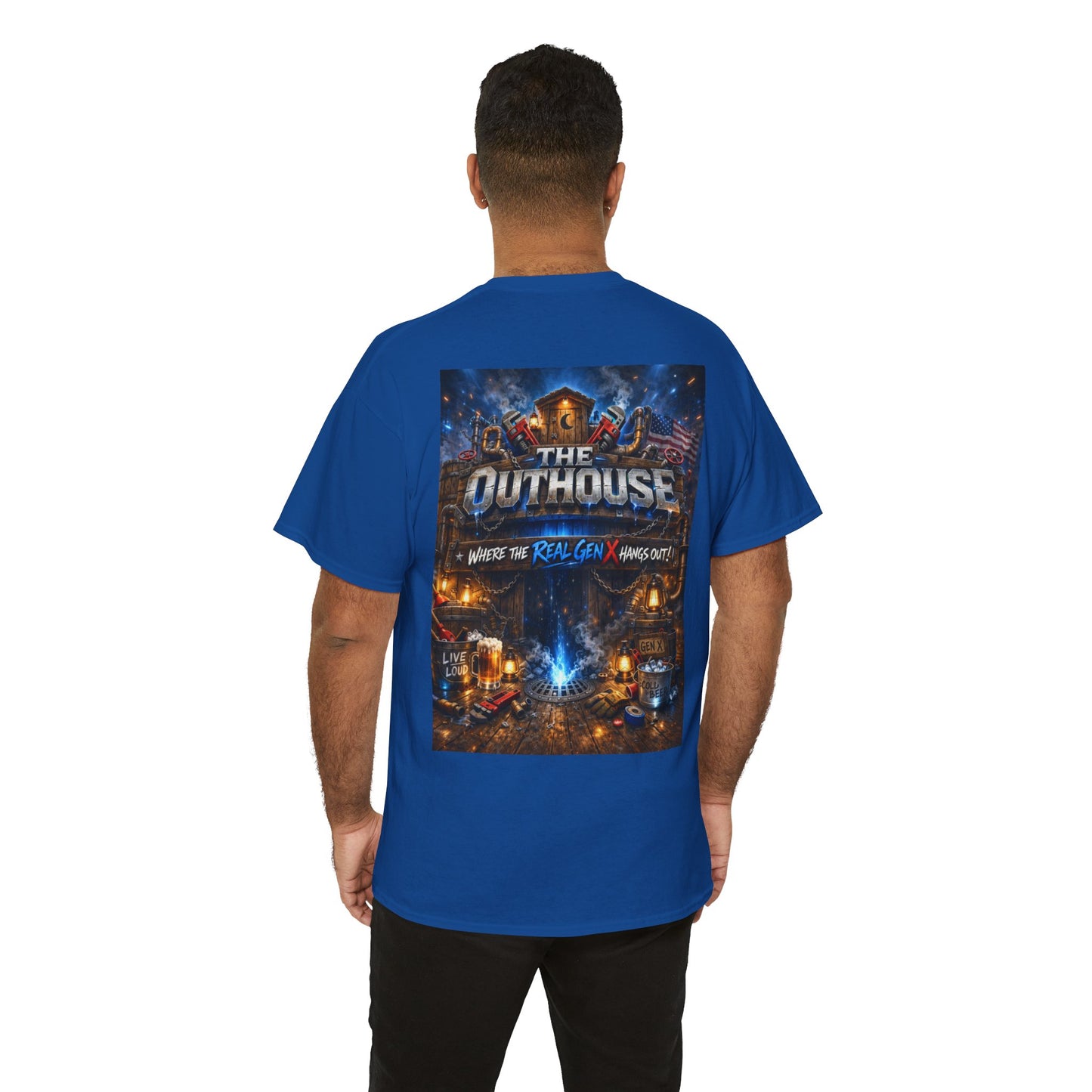The Outhouse Gen X Tee — Retro Campfire Nostalgia Graphic T-Shirt