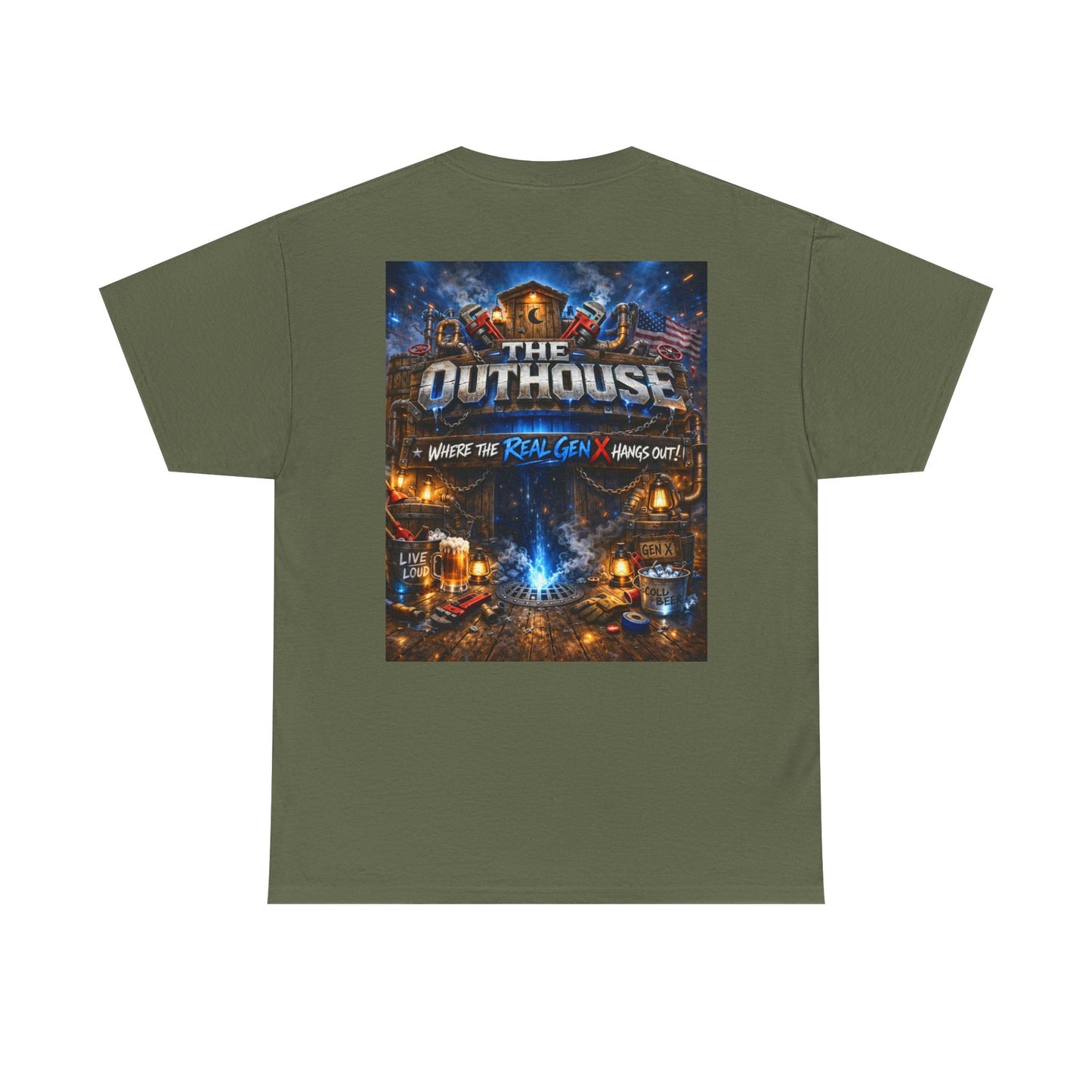 The Outhouse Gen X Tee — Retro Campfire Nostalgia Graphic T-Shirt