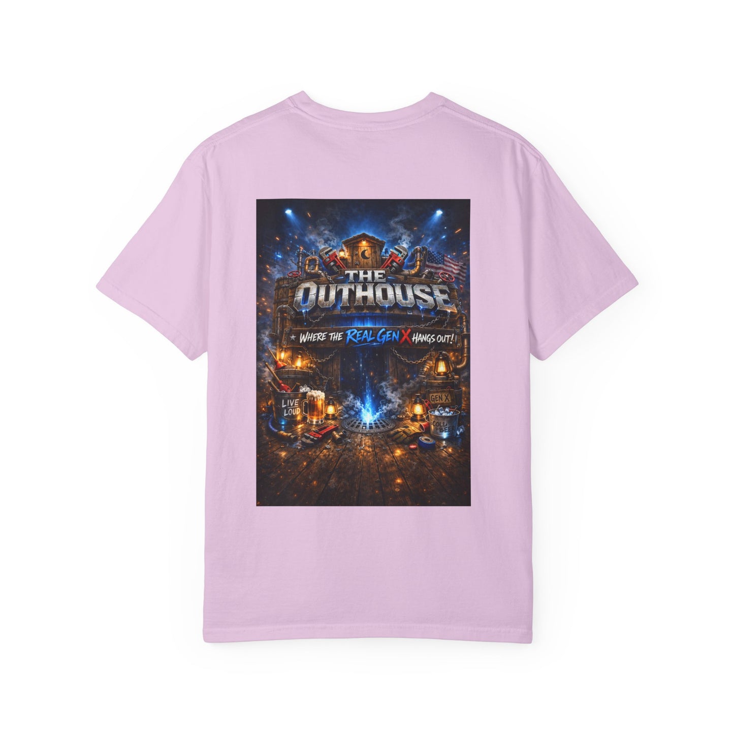 Outhouse Gen X Graphic T-Shirt — Vintage Campfire Adventure Back Print