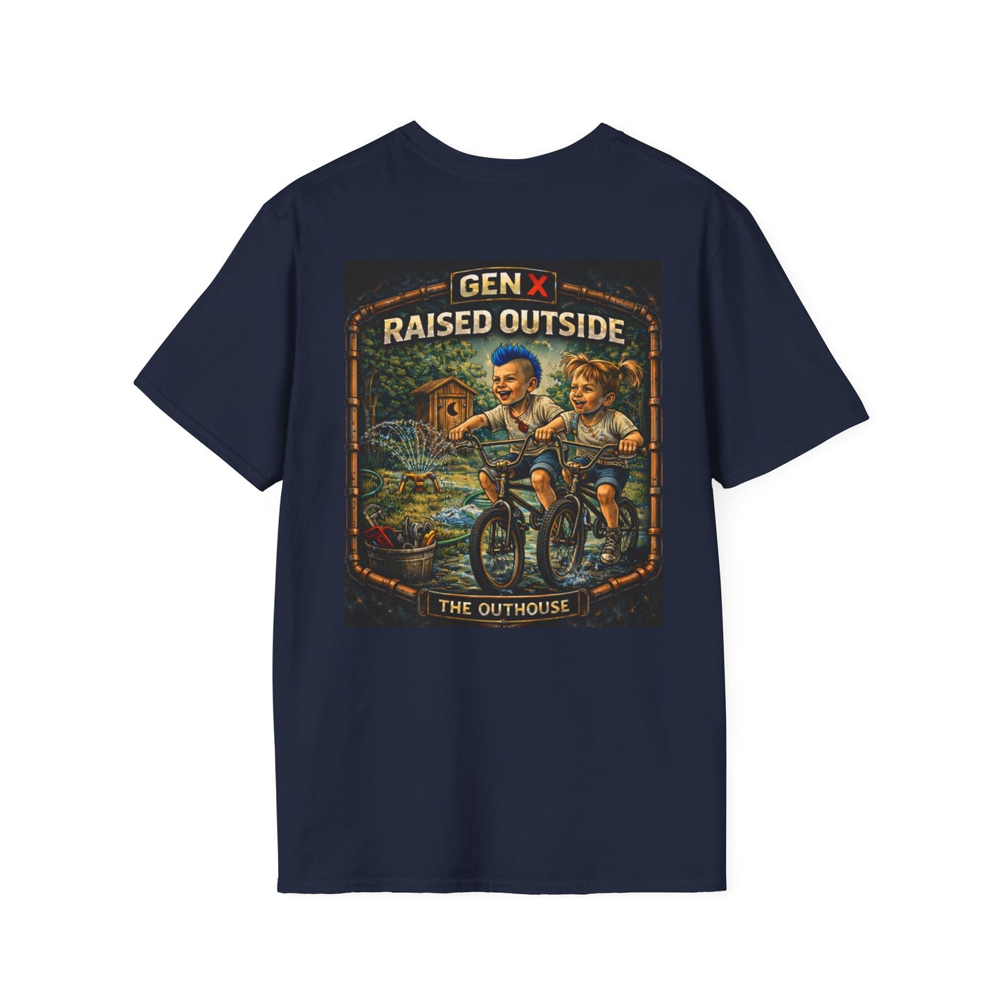 Gen X "Raised Outside" T-Shirt — Retro Outhouse Vintage Graphic Tee