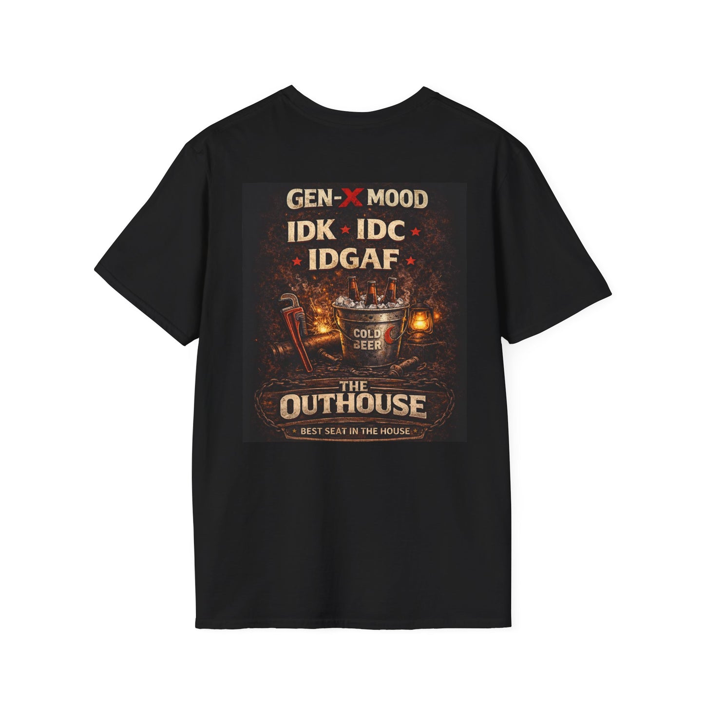 Outhouse Gen-X T-Shirt — "Gen-X Mood: IDK • IDC • IDGAF" Retro Beer Graphic