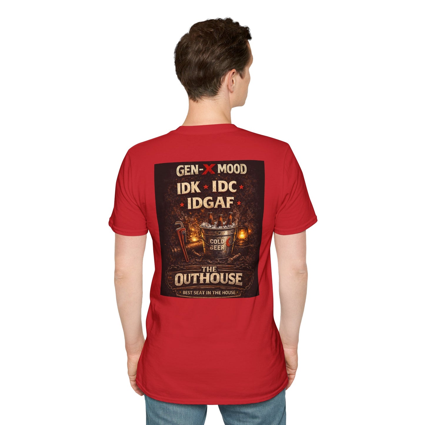 Outhouse Gen-X T-Shirt — "Gen-X Mood: IDK • IDC • IDGAF" Retro Beer Graphic
