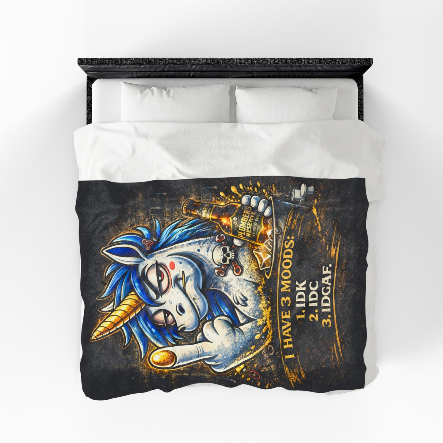 Velveteen Plush Blanket — Funny Unicorn ‘I Have 3 Moods: IDK, IDC, IDGAF’ Throw