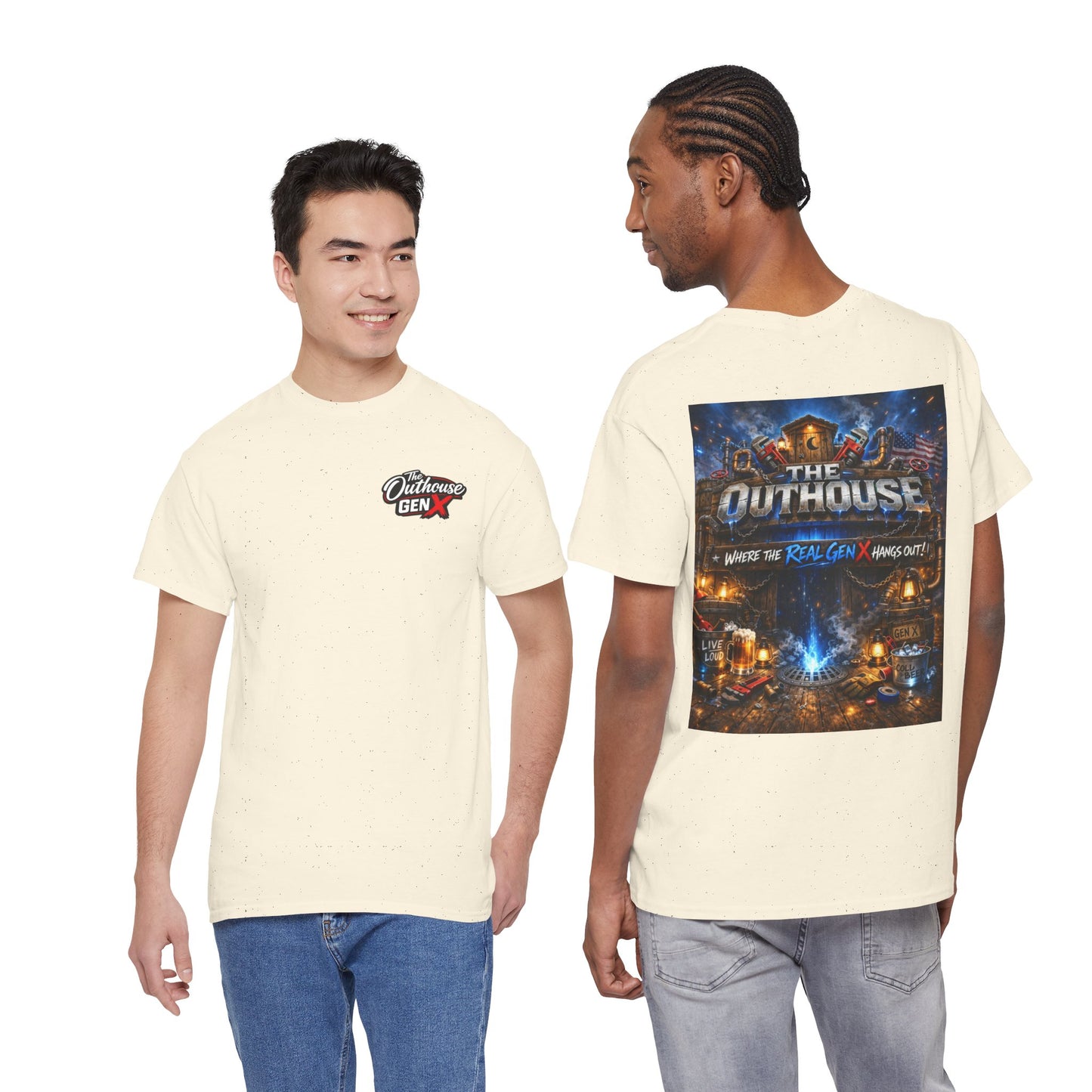 The Outhouse Gen X Tee — Retro Campfire Nostalgia Graphic T-Shirt