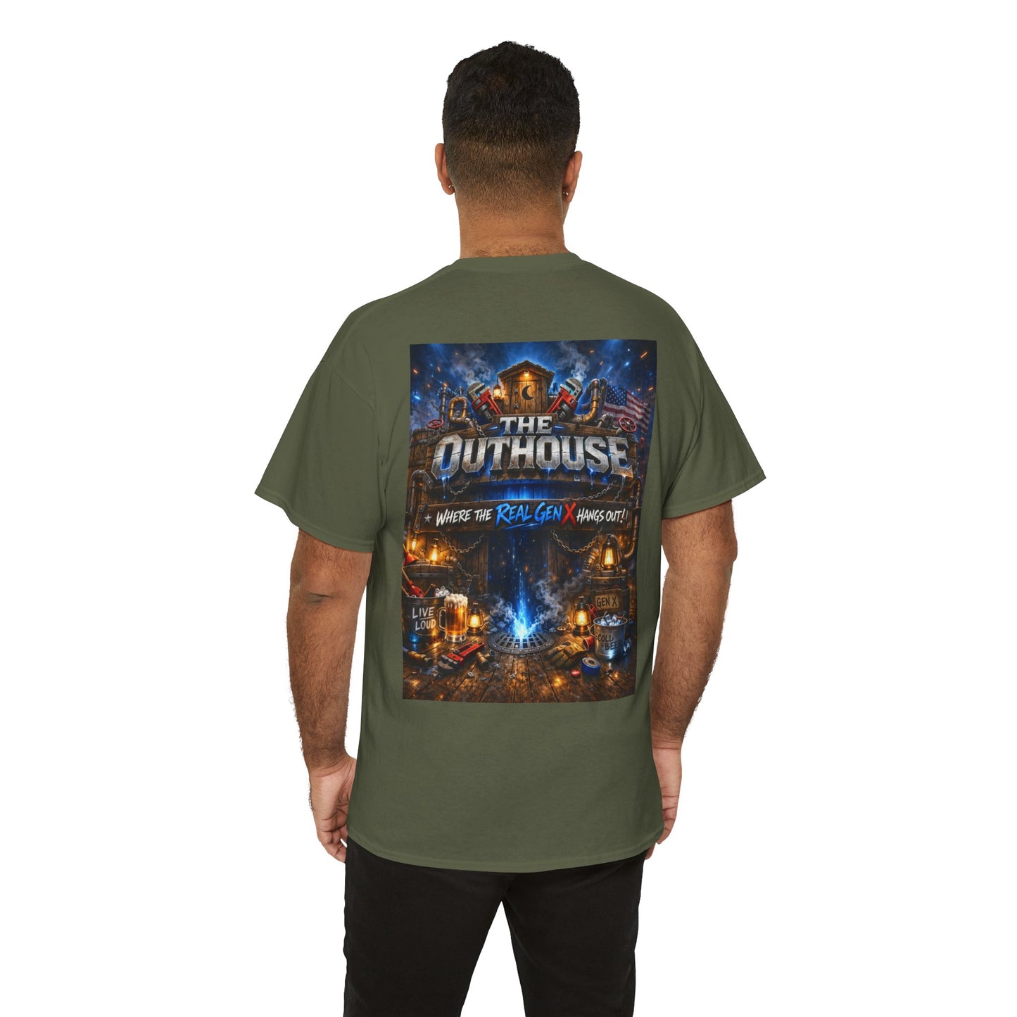 The Outhouse Gen X Tee — Retro Campfire Nostalgia Graphic T-Shirt