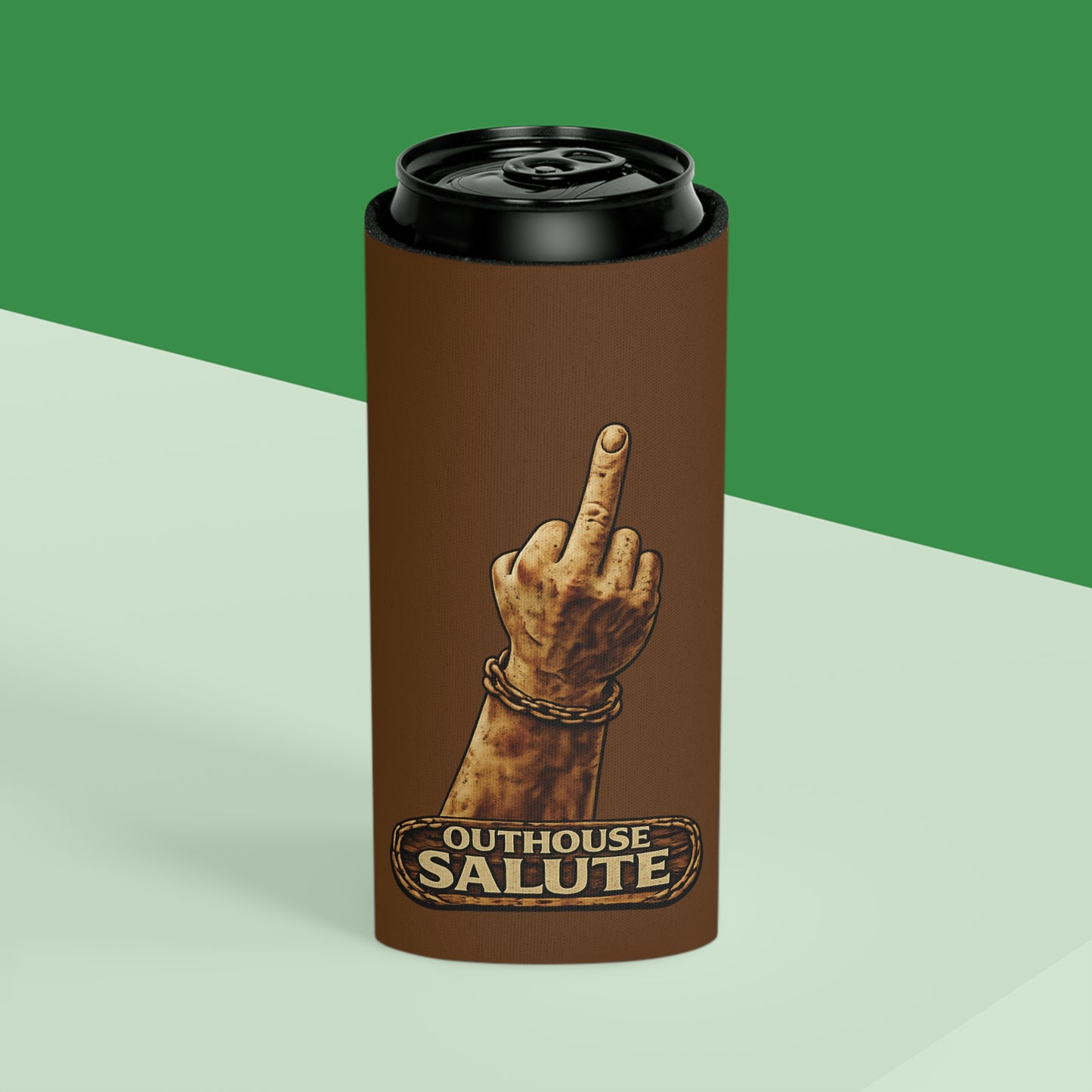 Outhouse Salute Can Cooler — Neoprene Koozie for BBQs & Tailgates