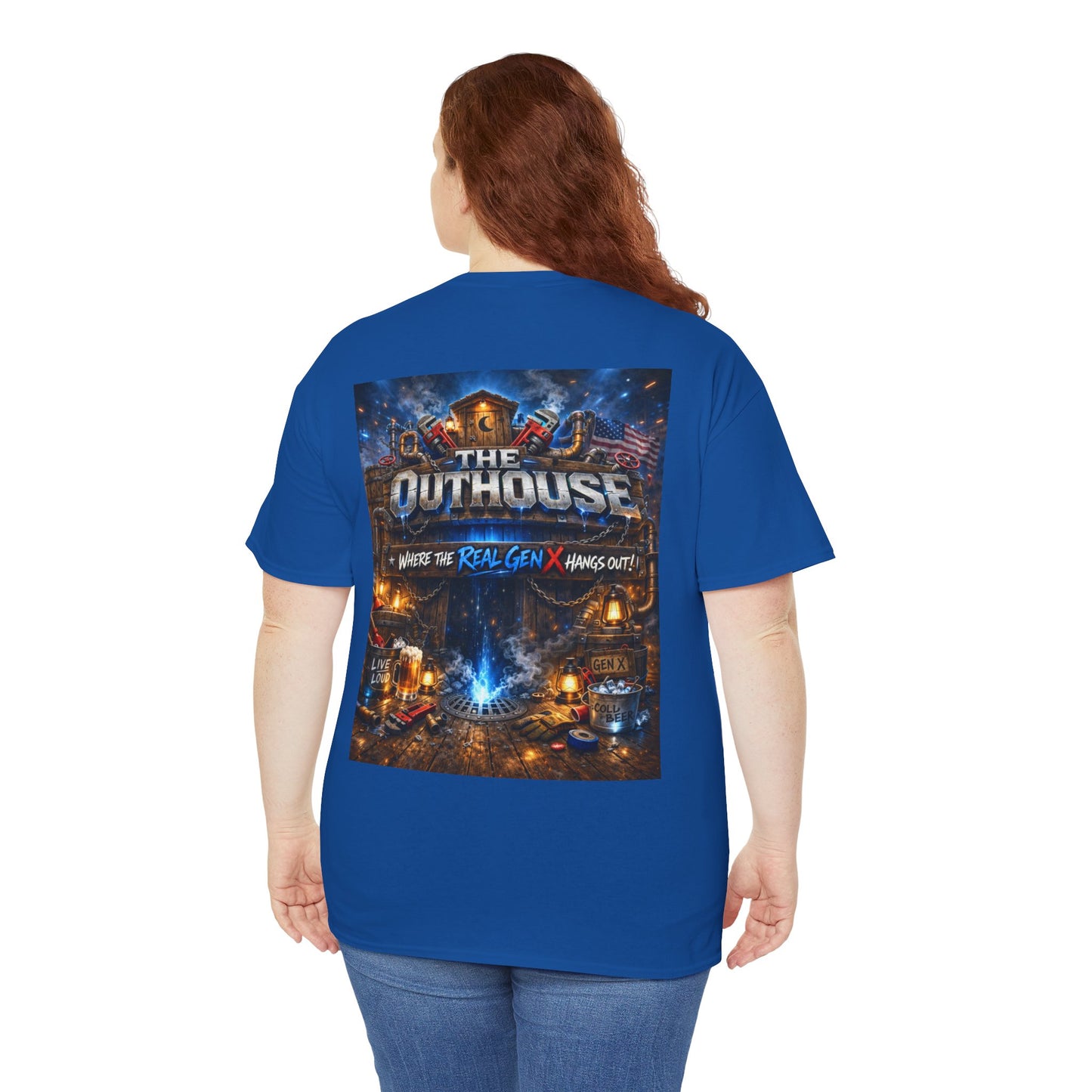 The Outhouse Gen X Tee — Retro Campfire Nostalgia Graphic T-Shirt