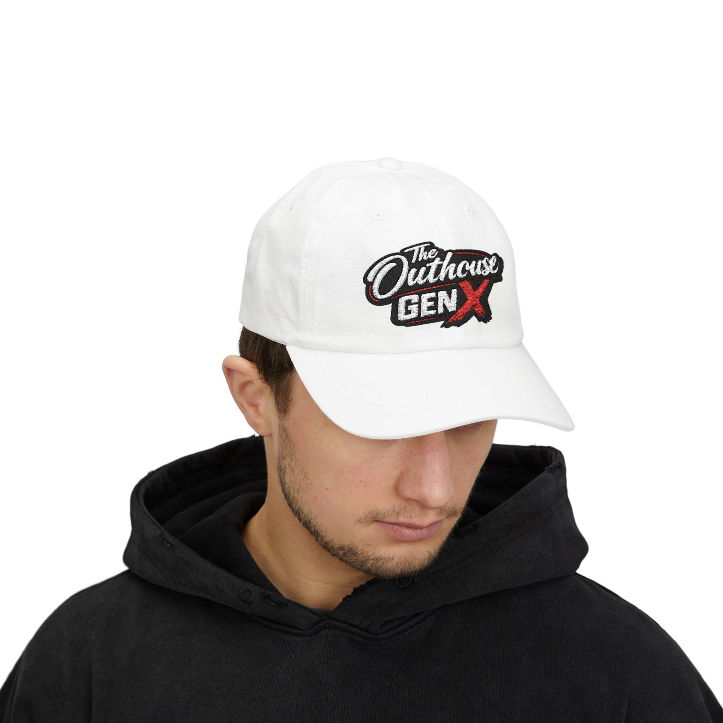 Outhouse Gen‑X Dad Cap — Bold Red X Logo Hat